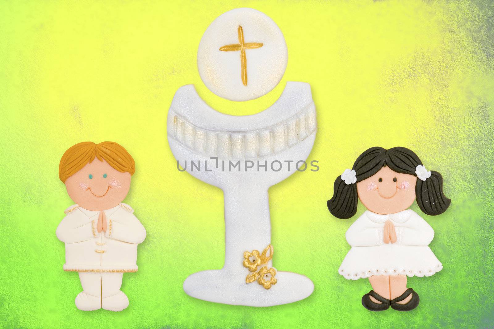 first communion card funny, dark-haired girl and blond boy chalice