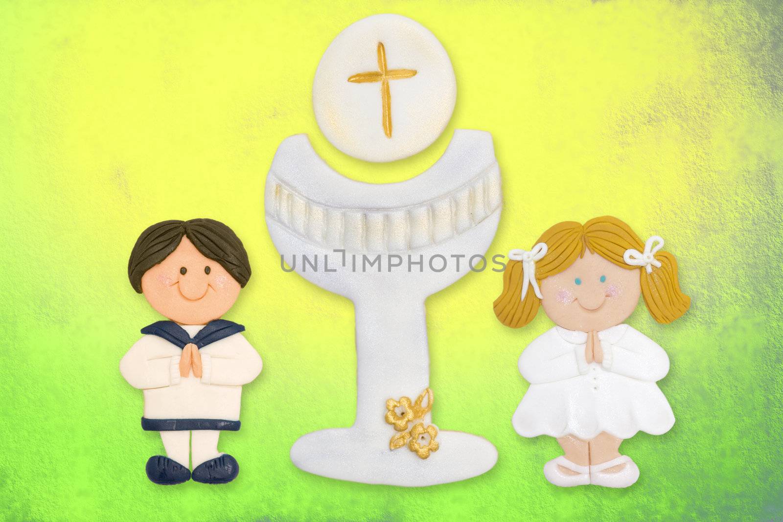 first communion card funny, boy brown blonde girl by Carche