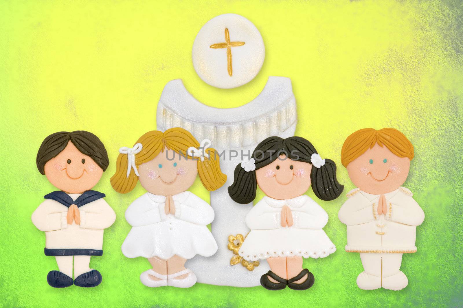 cheerful first communion card, a group of children and goblet made ??of sugar