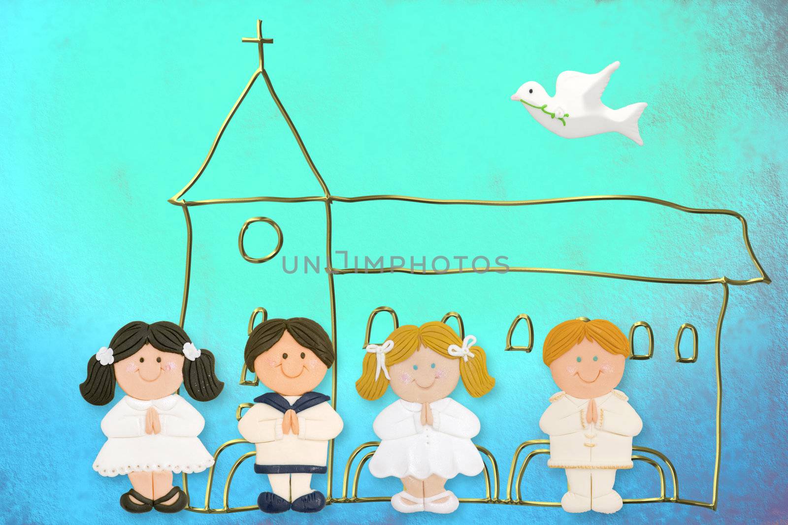 child jolly card first communion, church and group of children by Carche