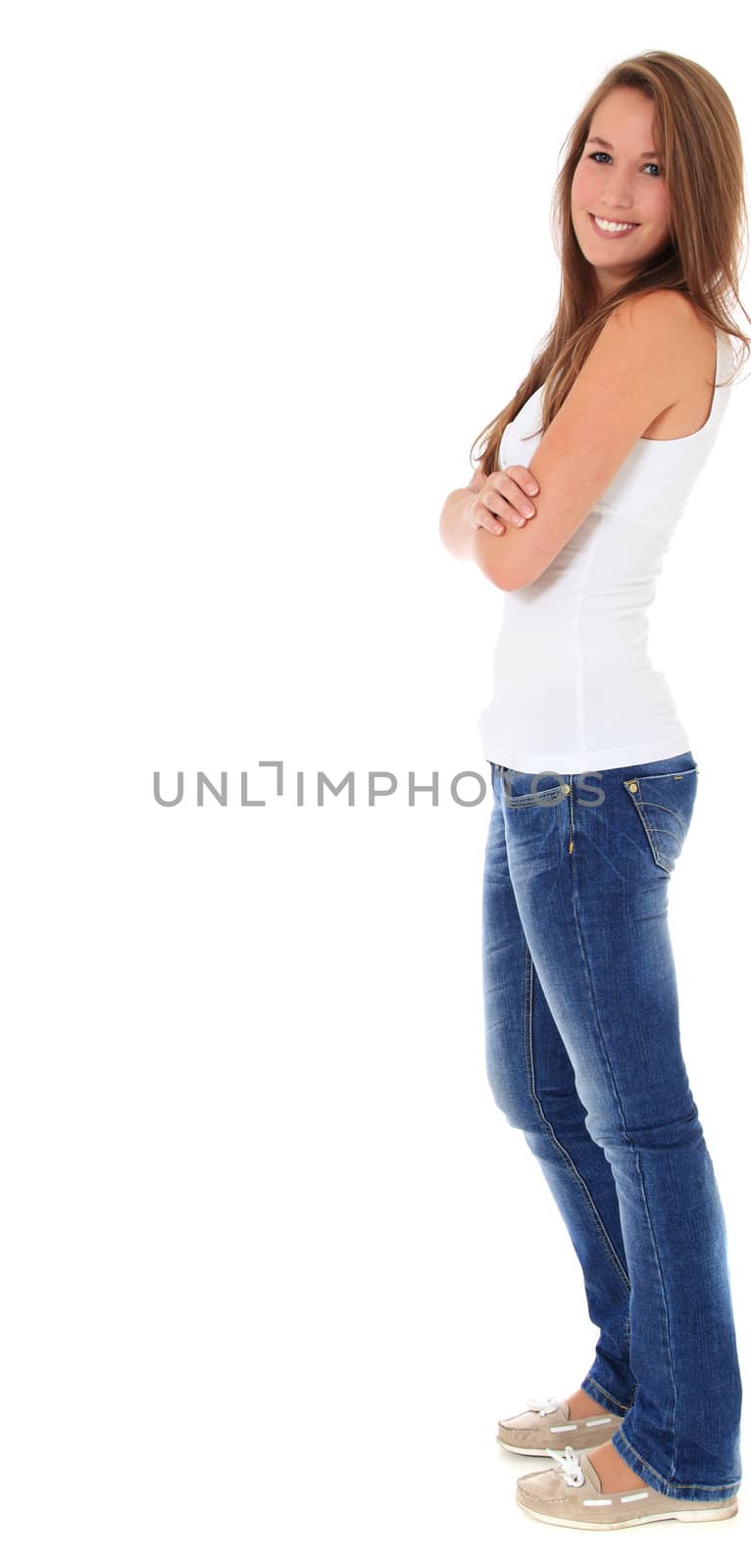 Full length shot of an attractive young woman. All on white background. Extra text space on the left.