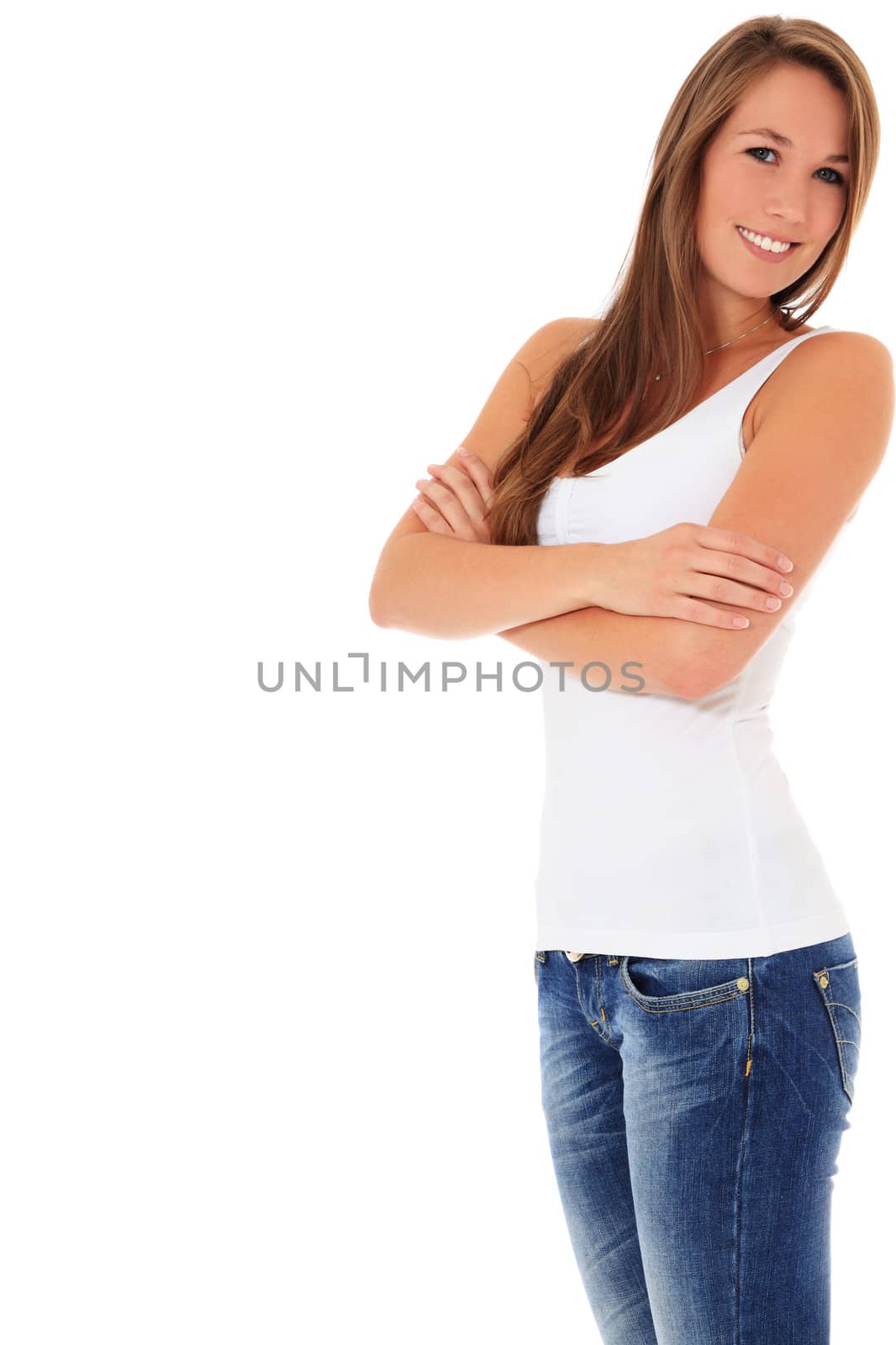 An attractive young woman. All on white background. Extra text space on the left.