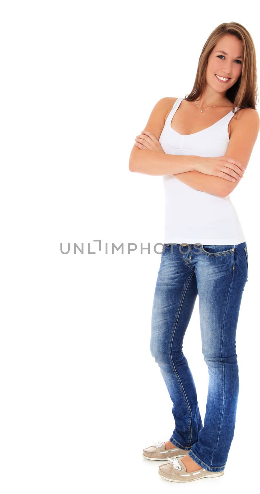 Full length shot of an attractive young woman. All on white background. Extra text space on the left.