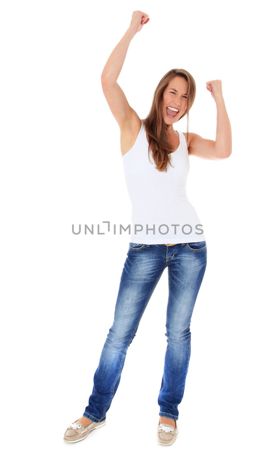 Cheering young woman. All on white background.