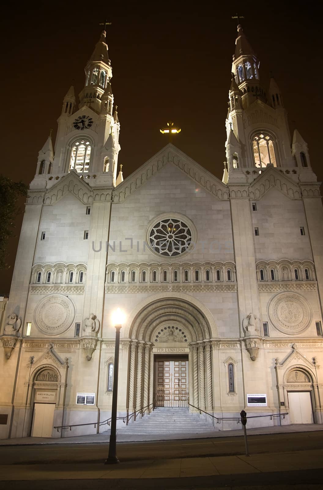 Saint Peter and Paul White Catholic Church at Night San Francisco California