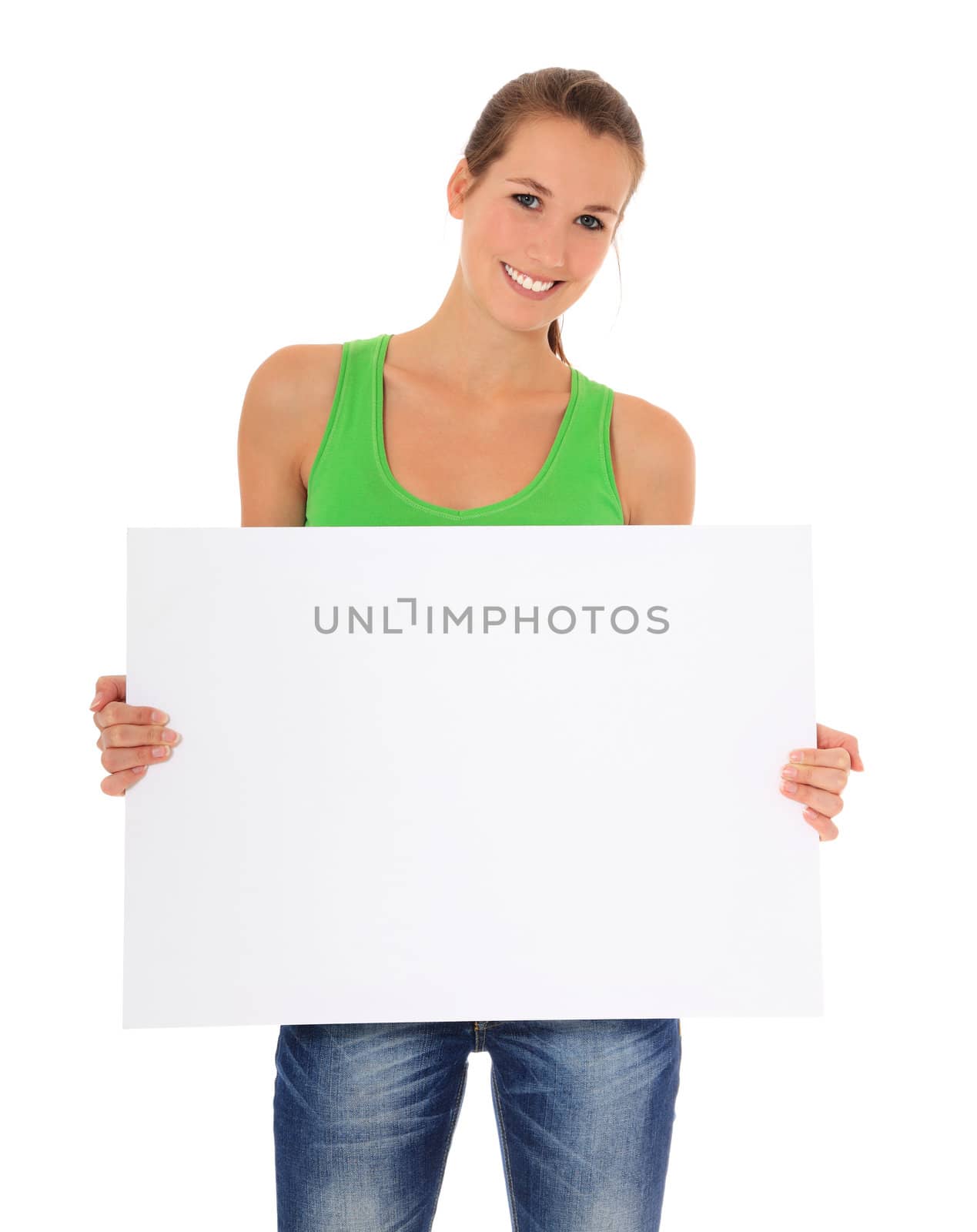 Attractive young woman holding blank white sign. All on white background.