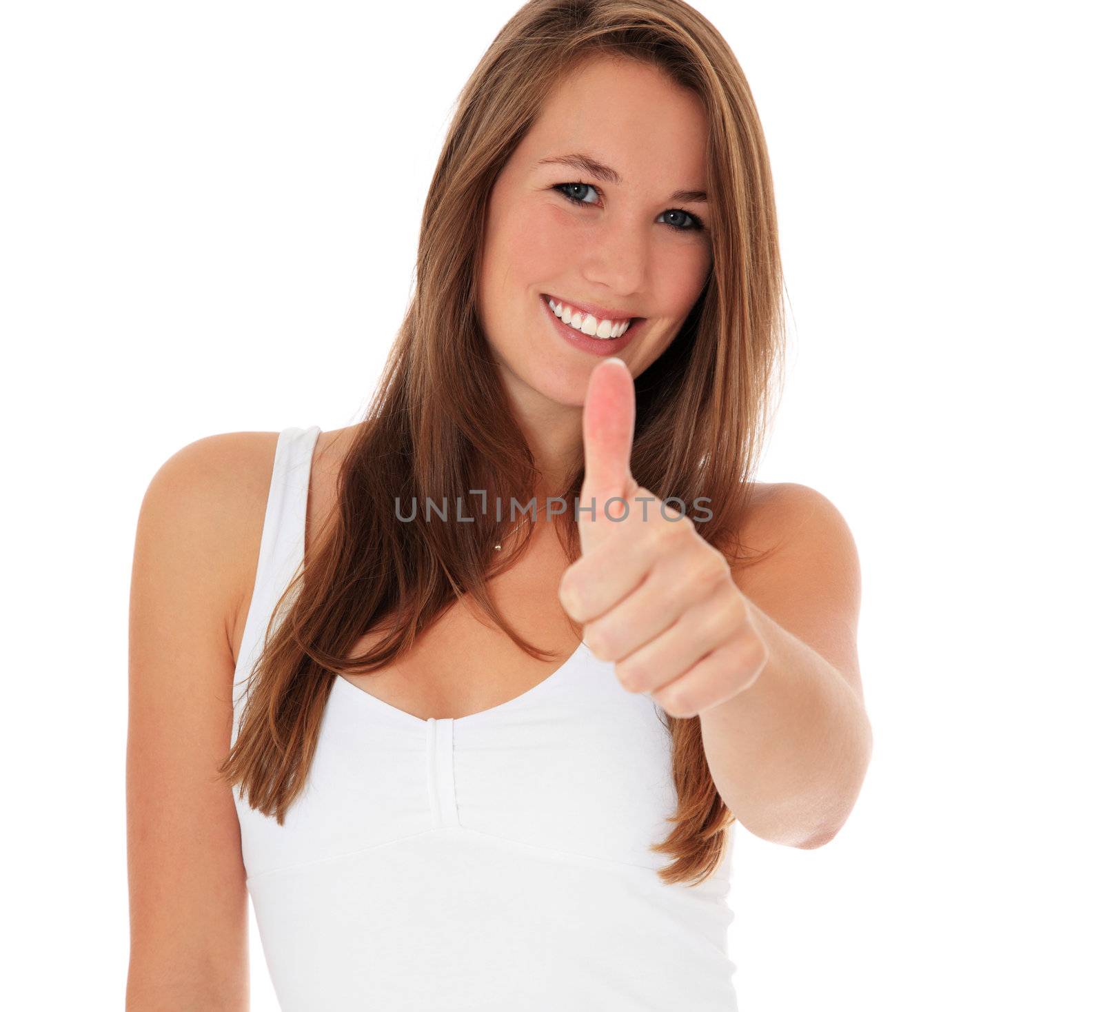 Attractive young woman showing thumbs up. All on white background.