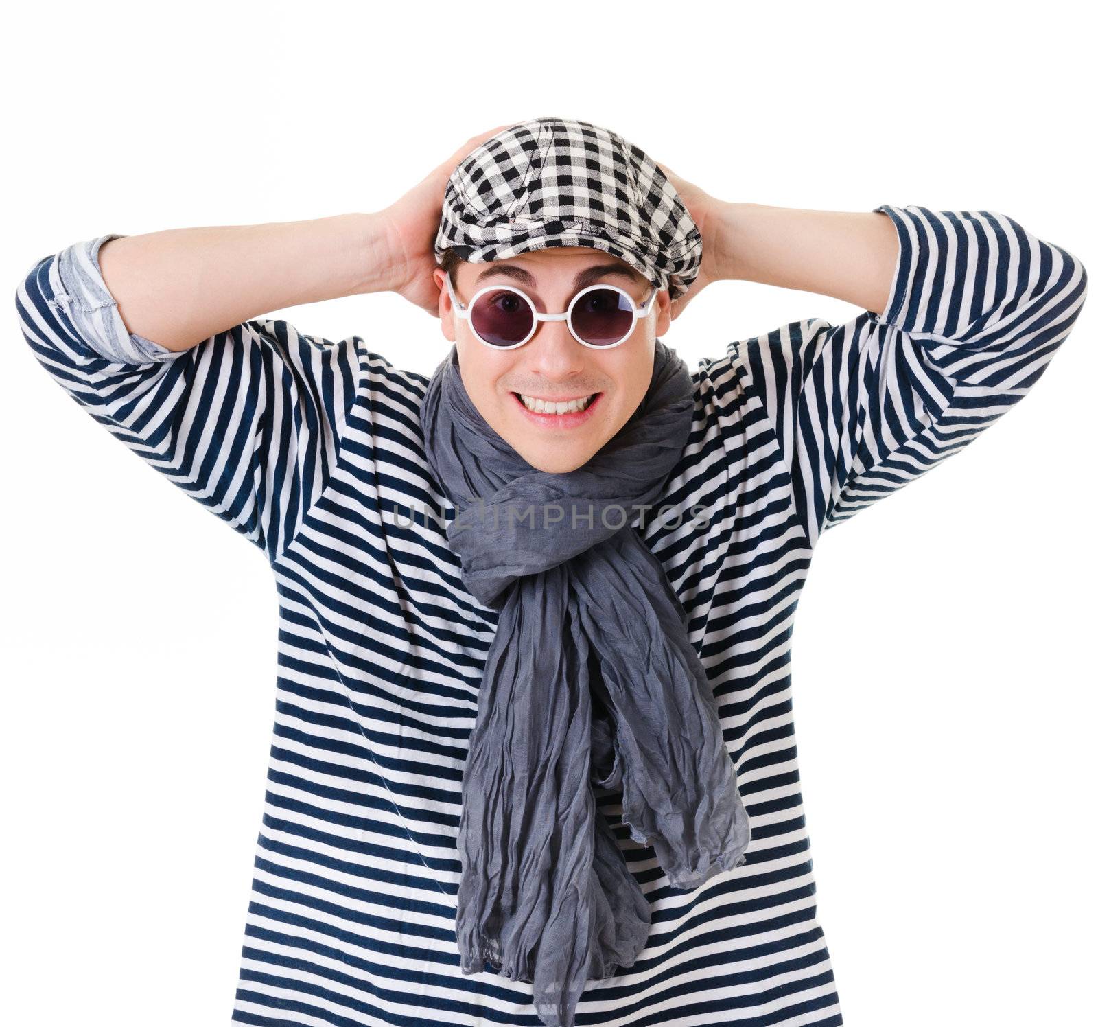 Young stylish twister man in striped clothes isolated on white background