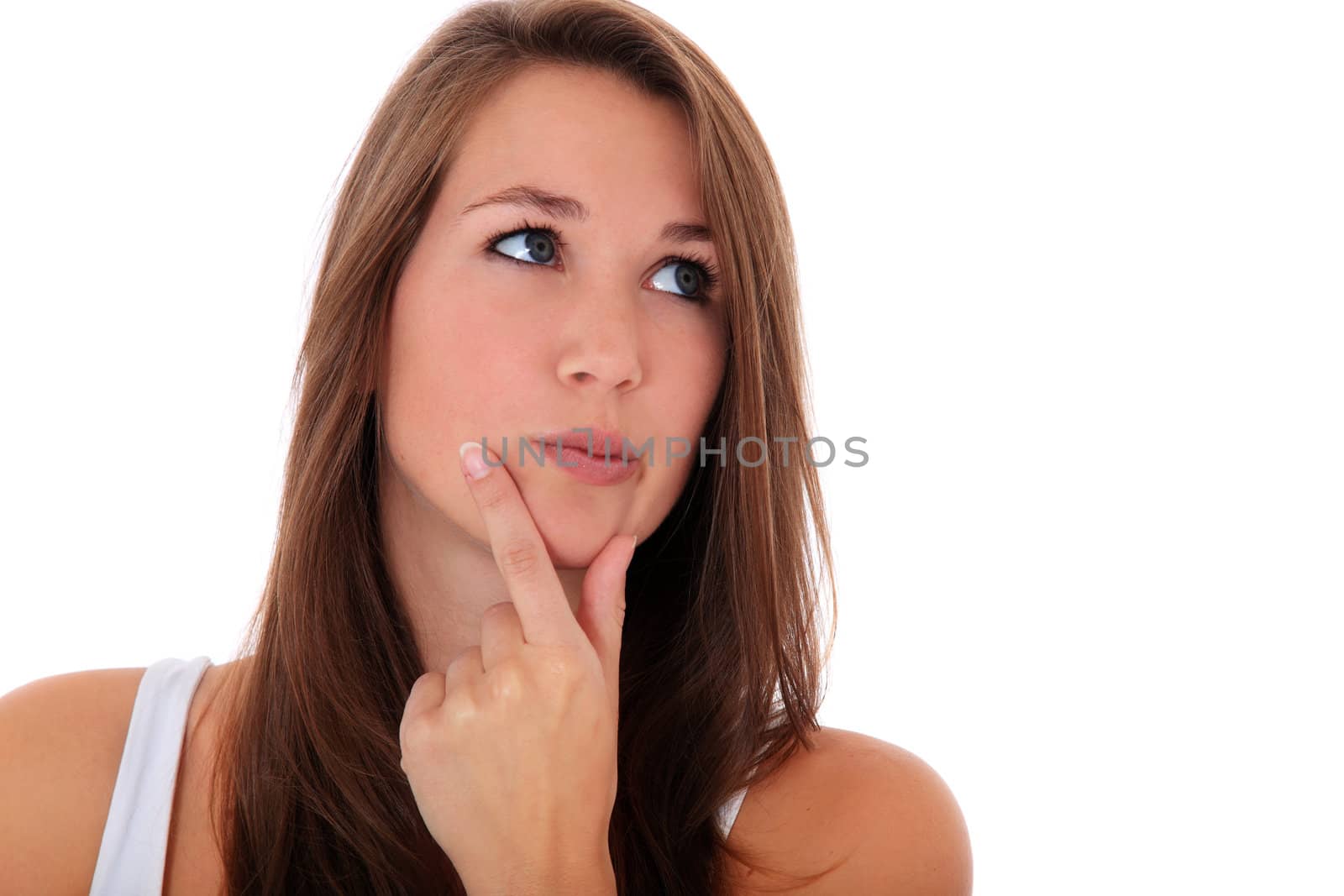 Attractive young woman deliberates a decision. All on white background.