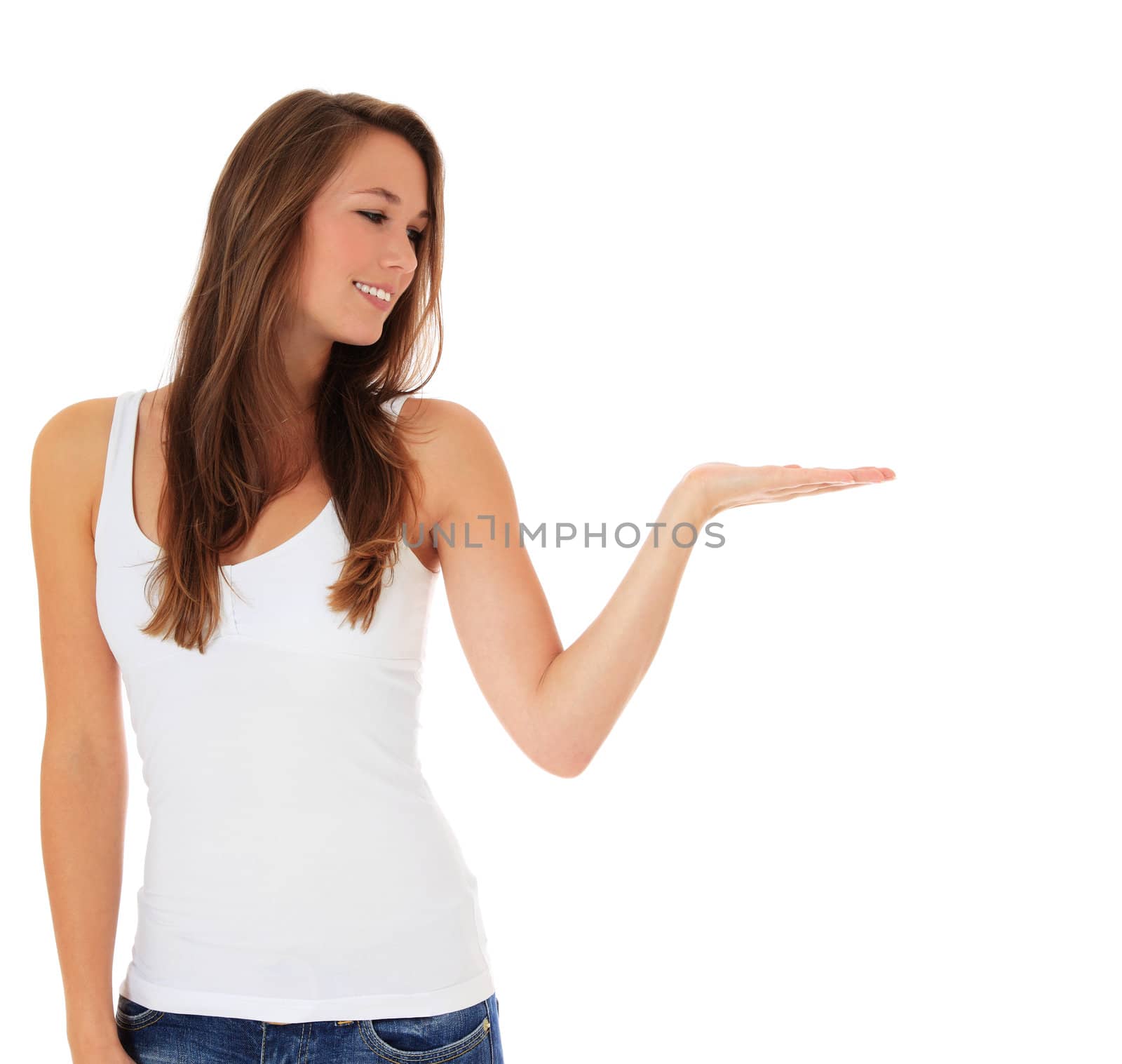 Attractive young woman presenting something. All on white background.