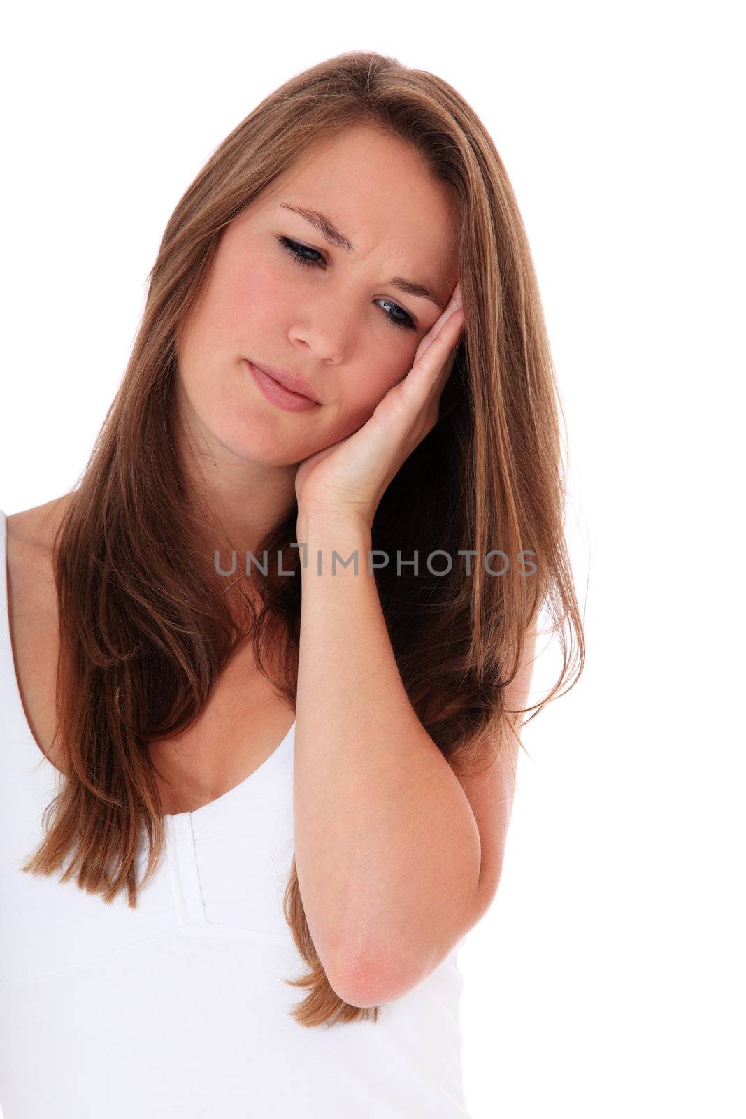 Attractive woman suffers from toothaches. All on white background.