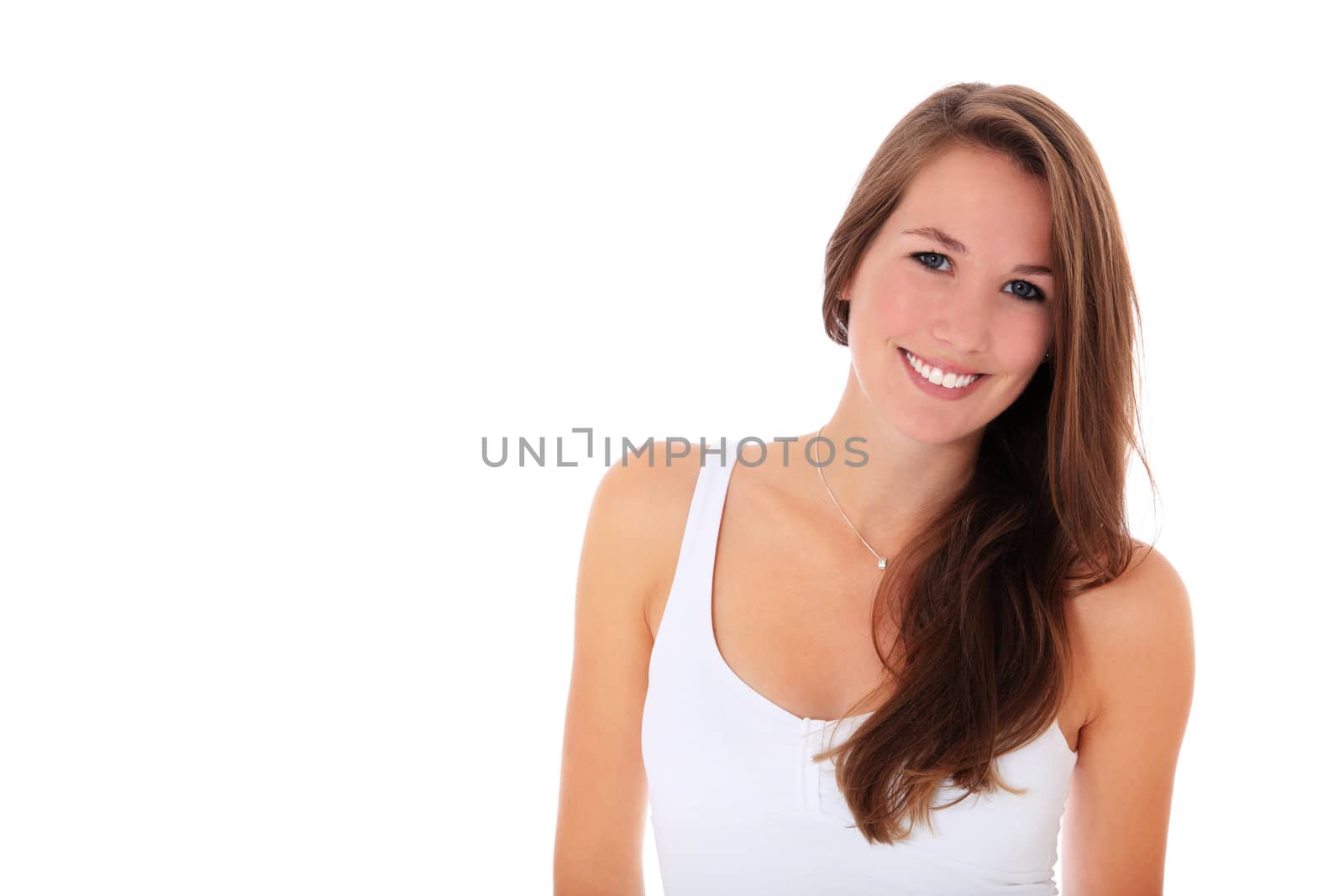 Attractive young woman. All on white background. Extra text space on the left.