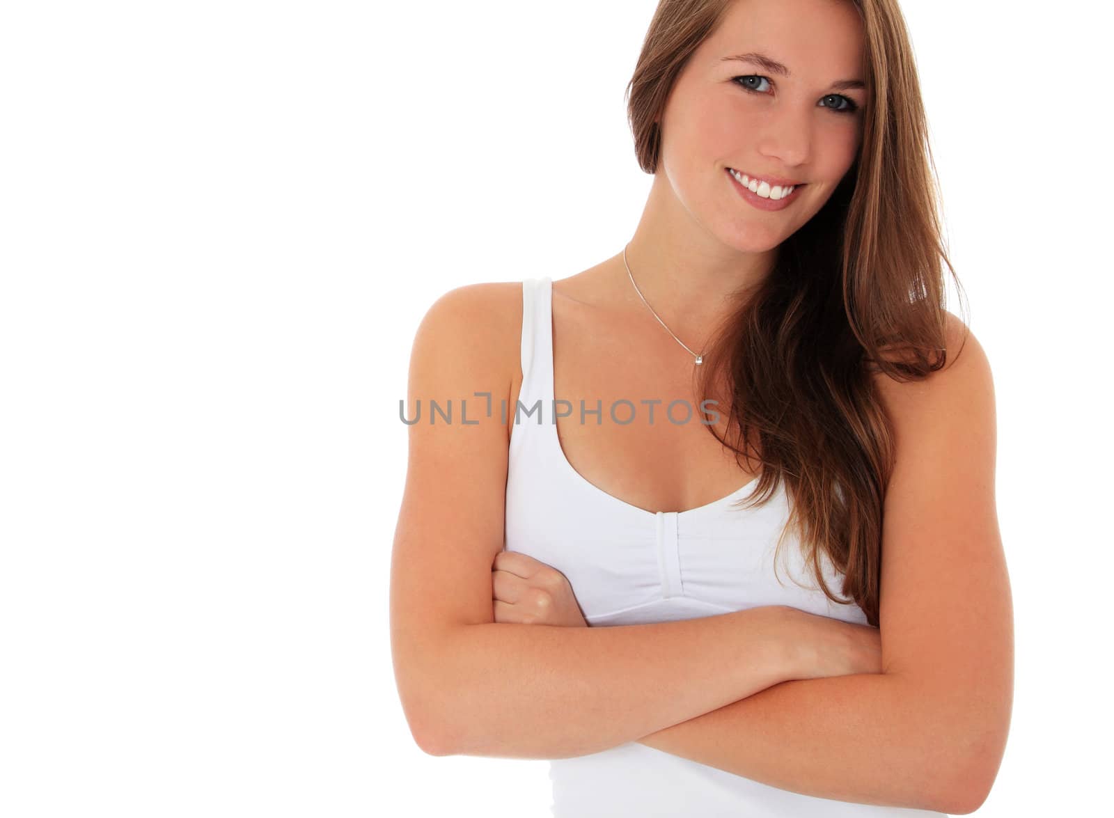 Attractive young woman. All on white background. Extra text space on the left.