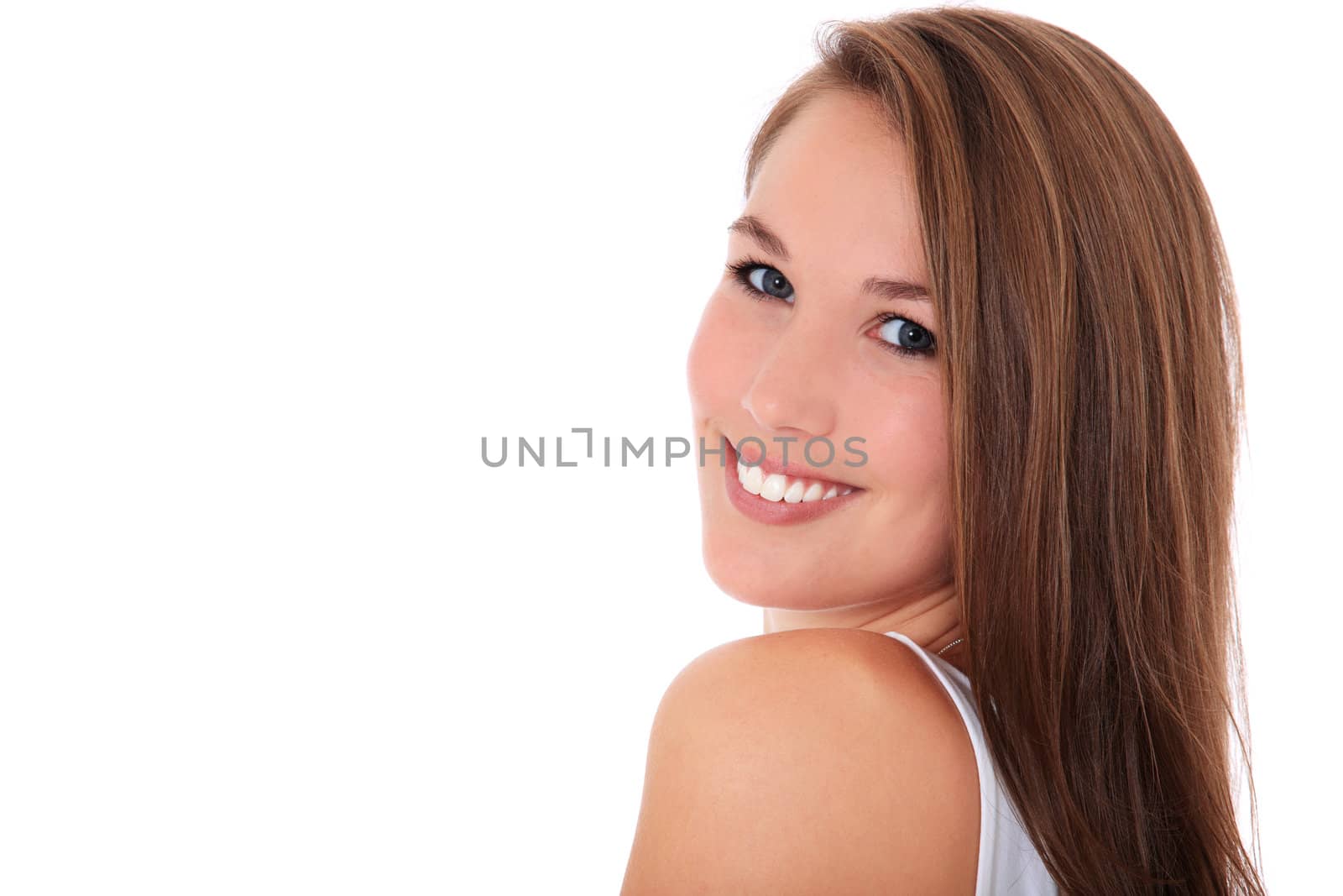 Attractive young woman. All on white background. Extra text space on the left.