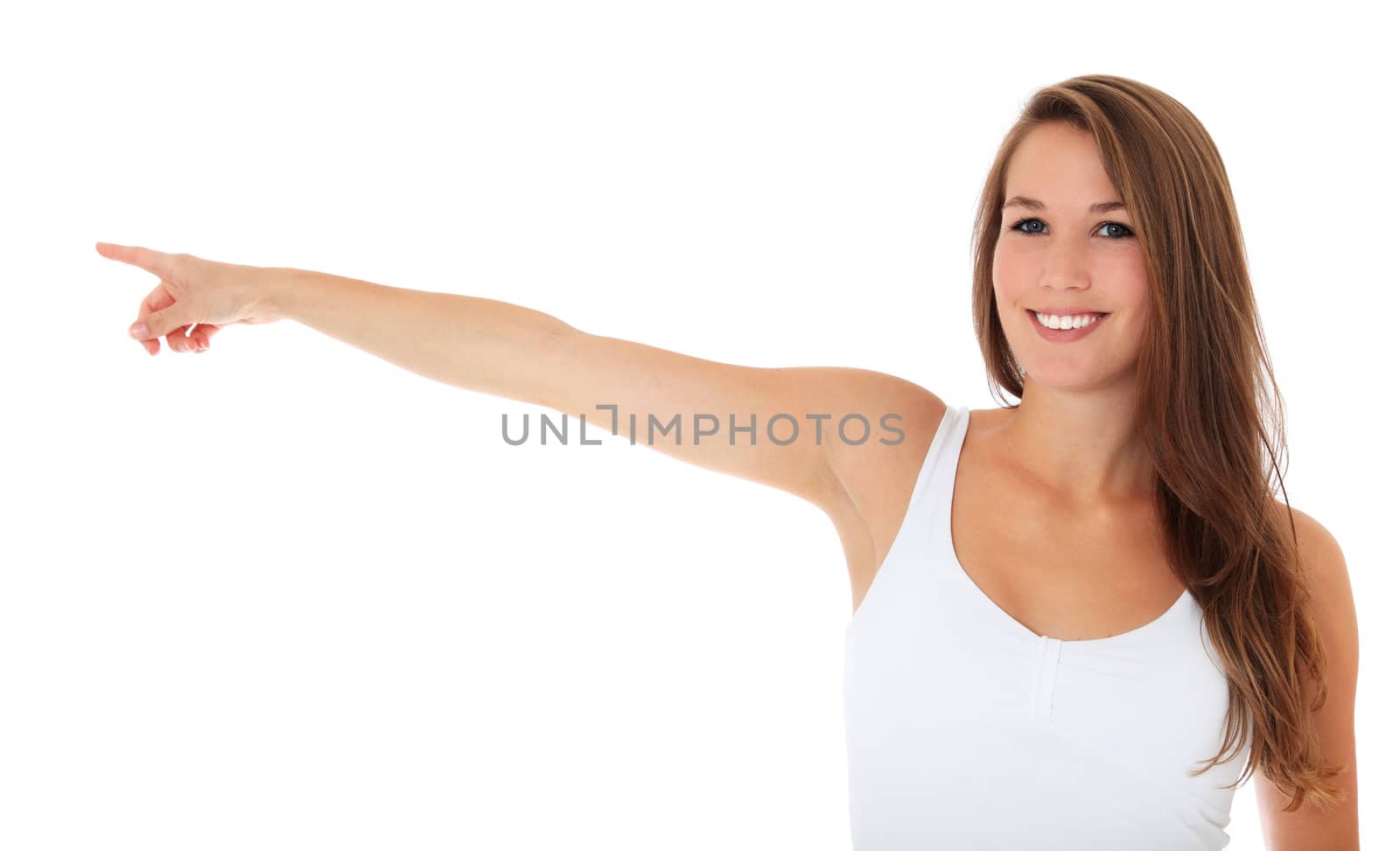 Attractive young woman pointing to the side. All on white background.