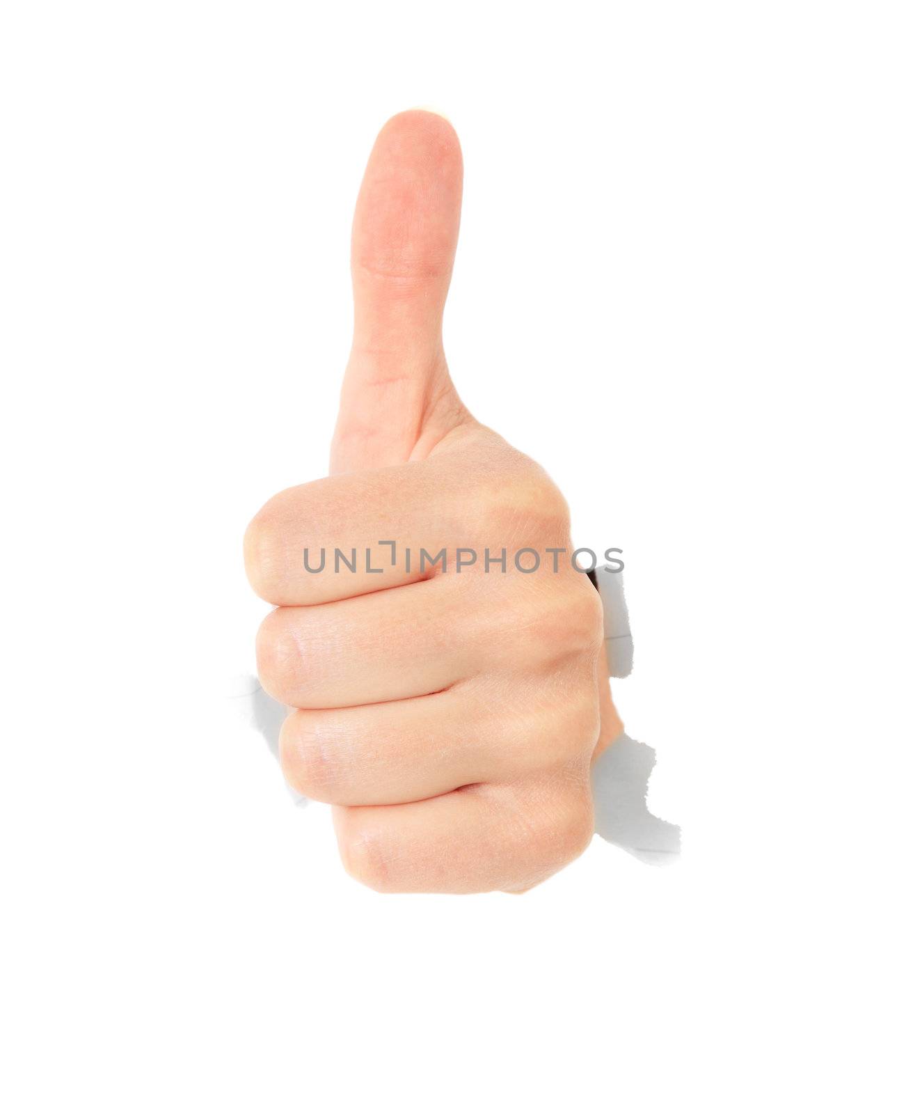 Hand showing thumb up out of torn hole in white wall. All on white background.