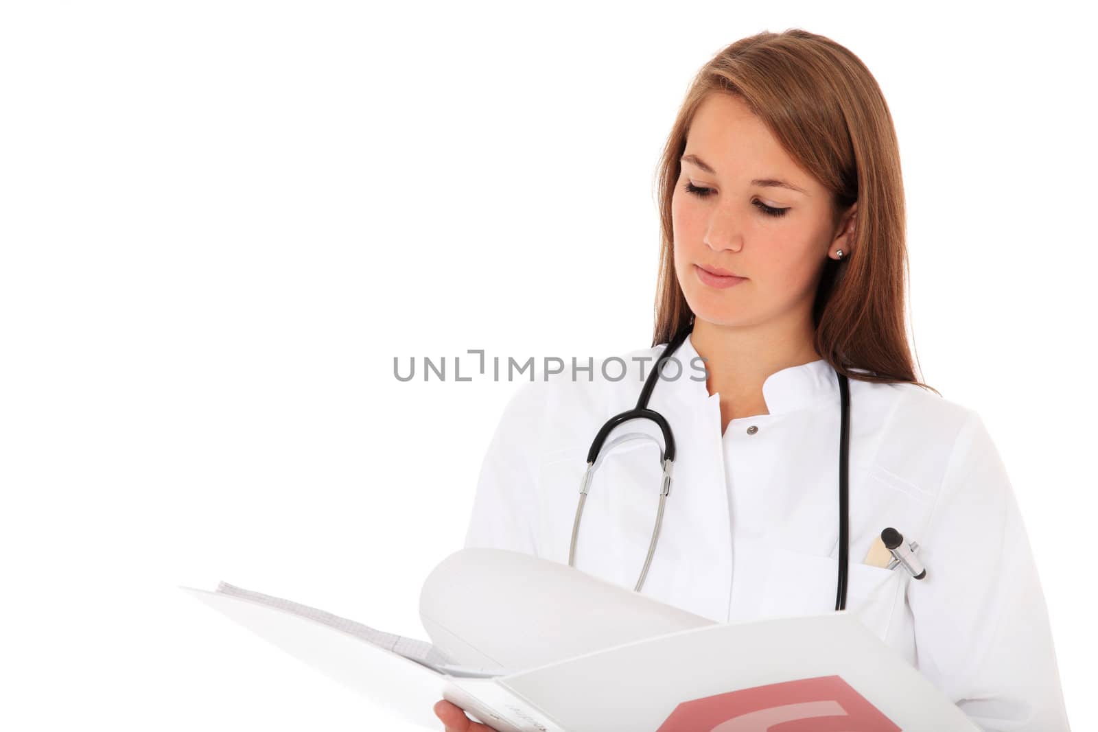 Attractive doctor checking clinical record. All on white background.