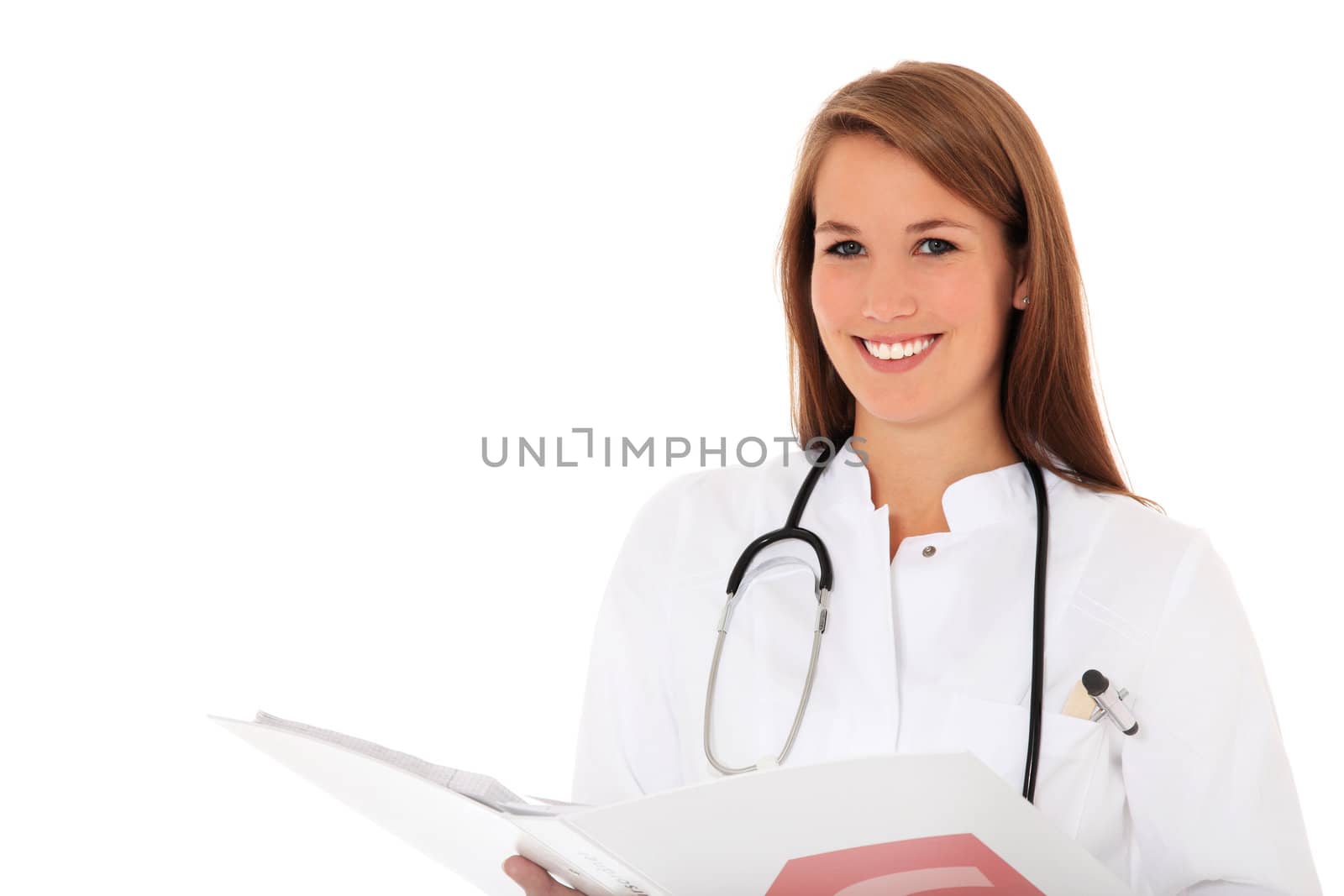 Attractive doctor holding clinical record. All on white background.