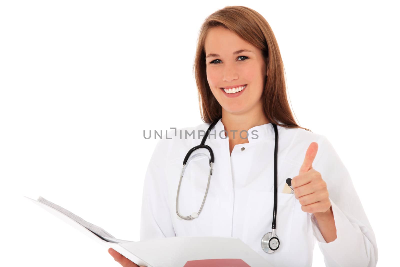 Attractive doctor showing thumbs up. All on white background.