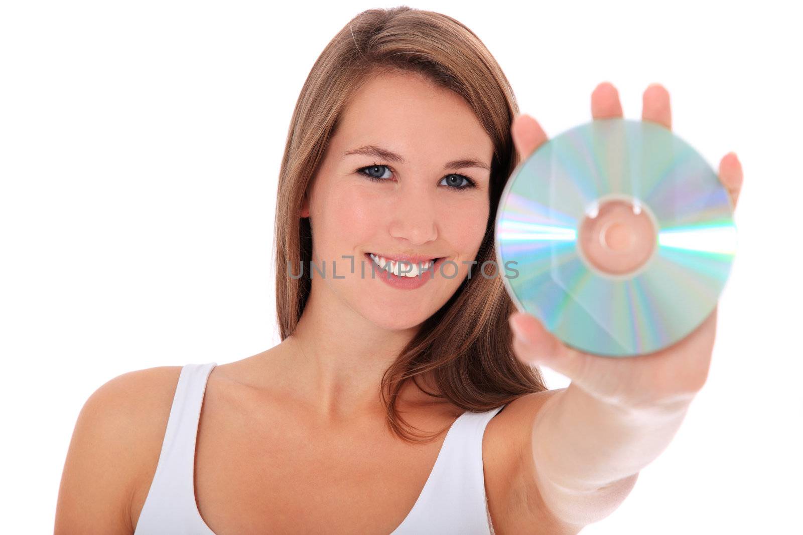 Attractive young woman holding dvd. All on white background.