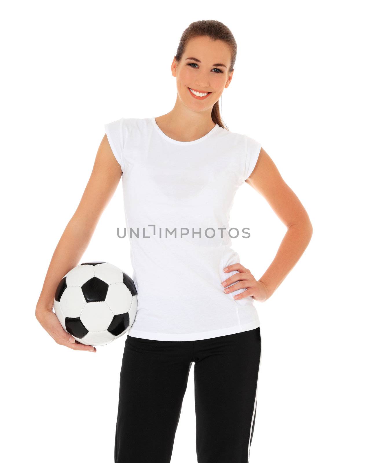 Attractive young woman in sports wear holding soccer ball. All on white background.