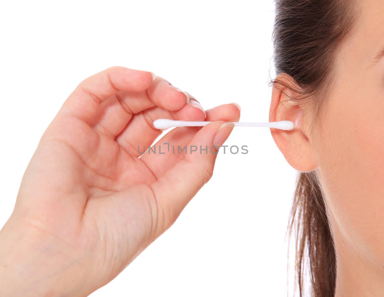 Female person using cotton stick. All on white background.