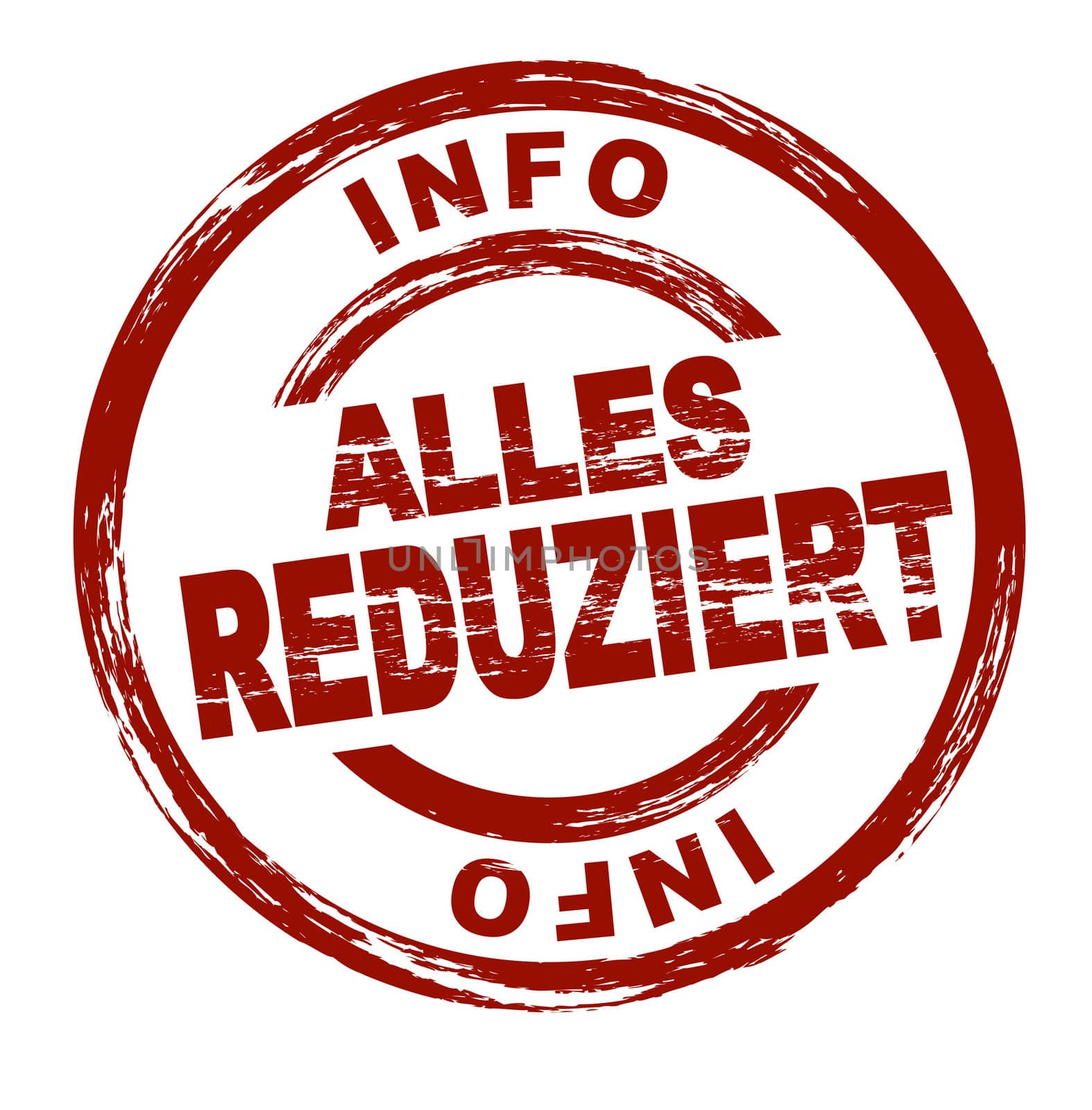 Stylized red stamp showing the German term alles reduziert. All on white background.