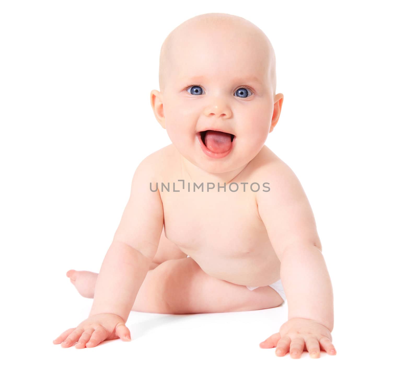 Newborn child sitting on the ground. All isolated on white background.