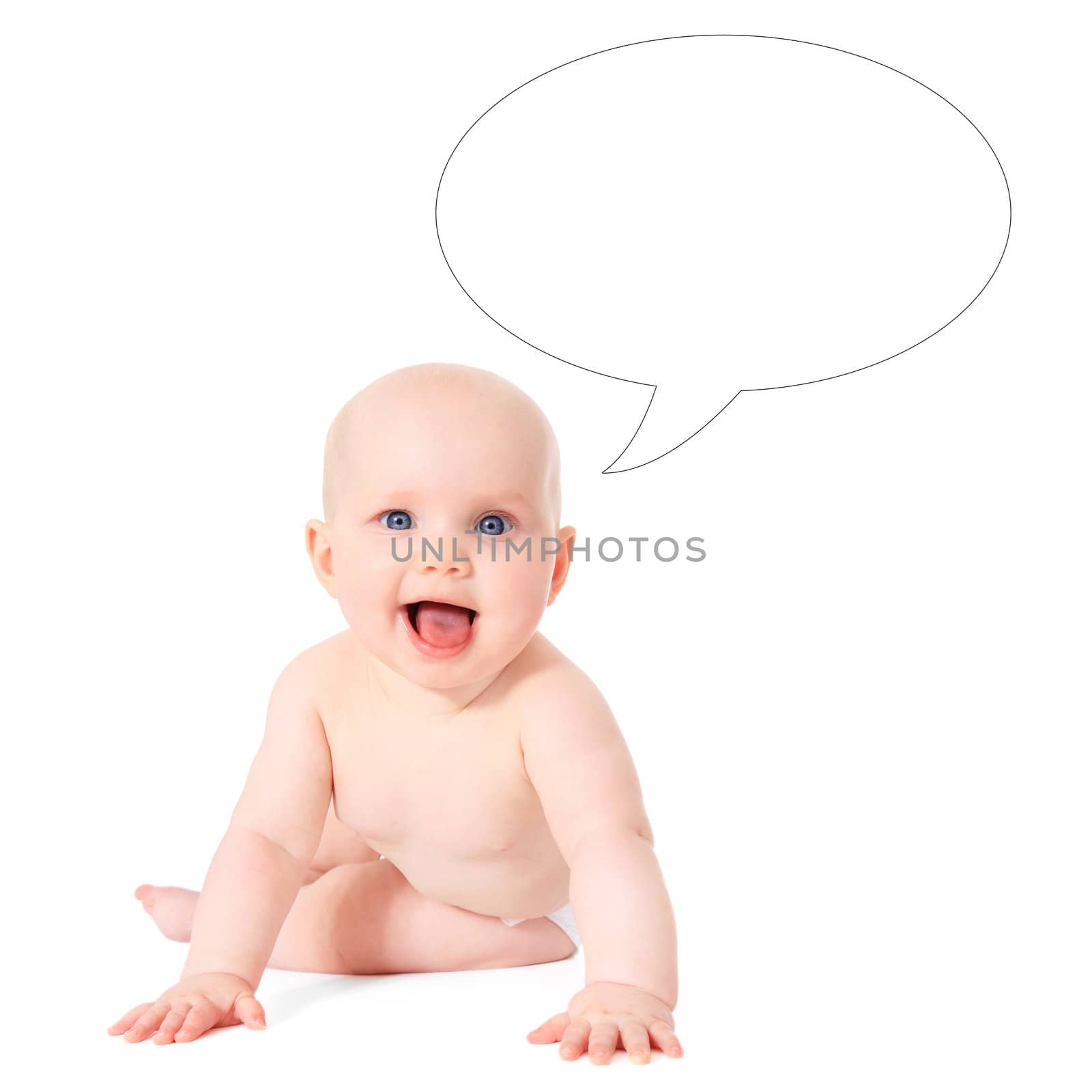 Newborn child with speech bubble. All isolated on white background.