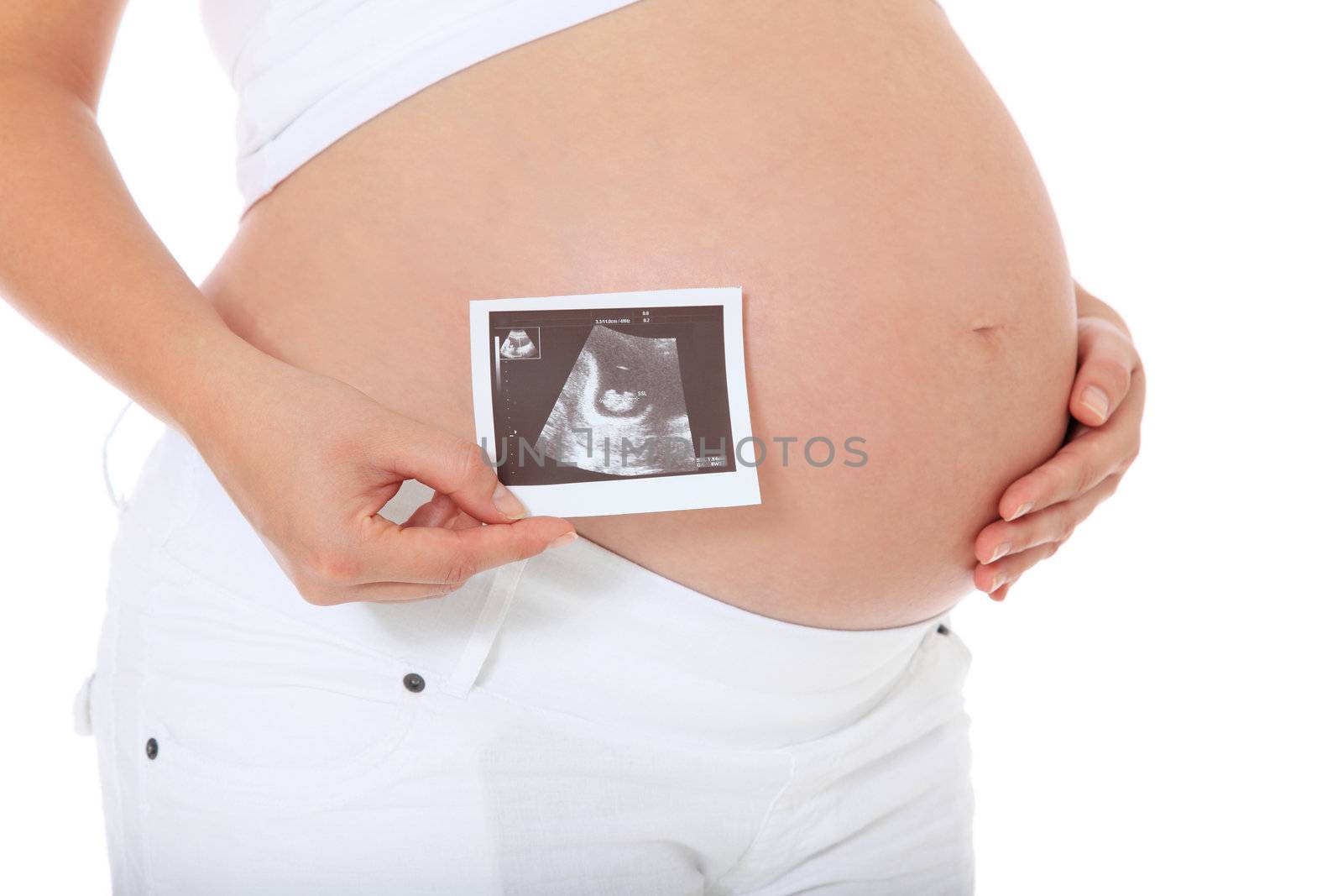 Pregnant woman with ultrasonic scan. All on white background.