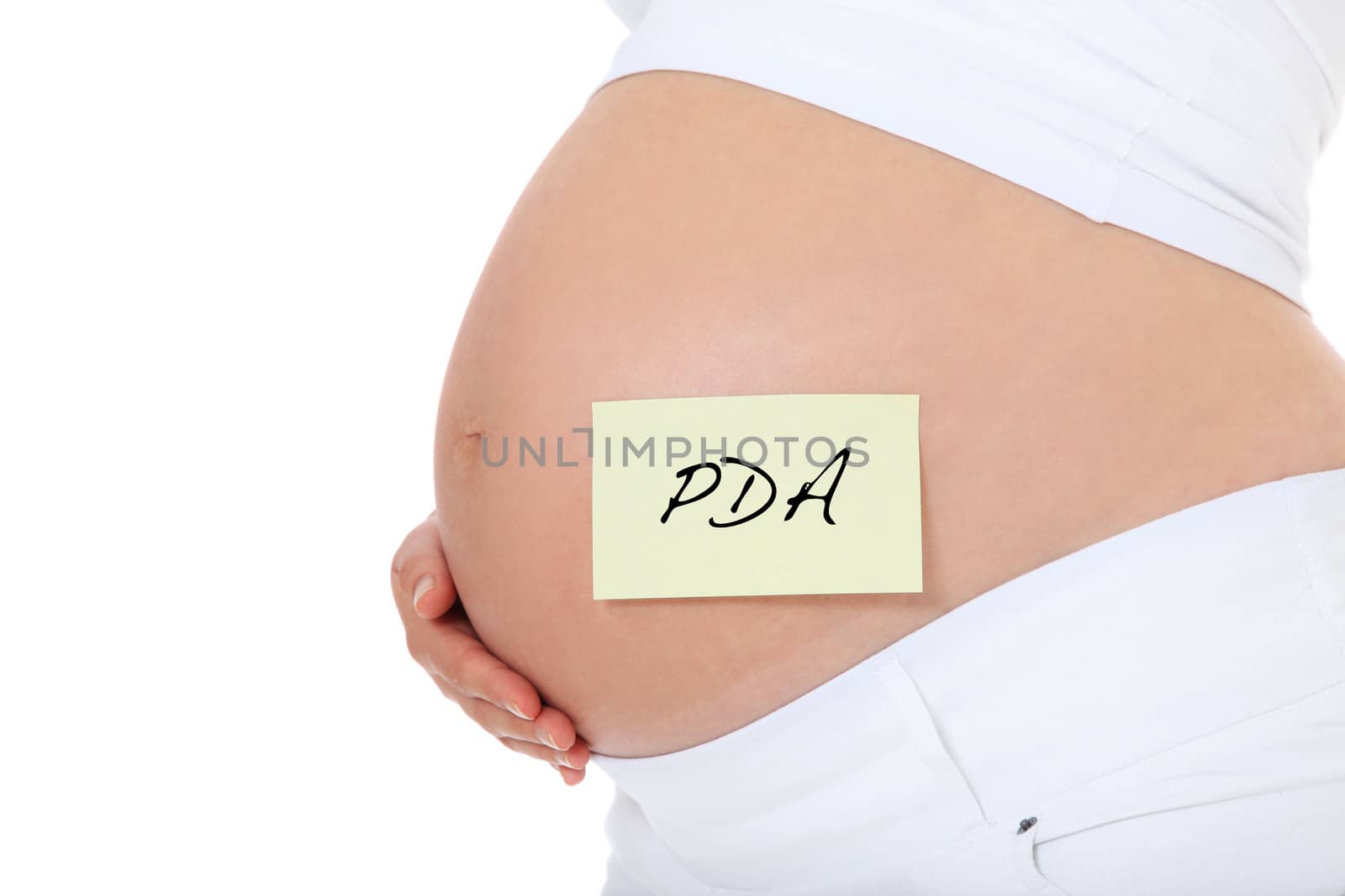 Pregnant woman with post-it note showing the term PDA. All on white background.