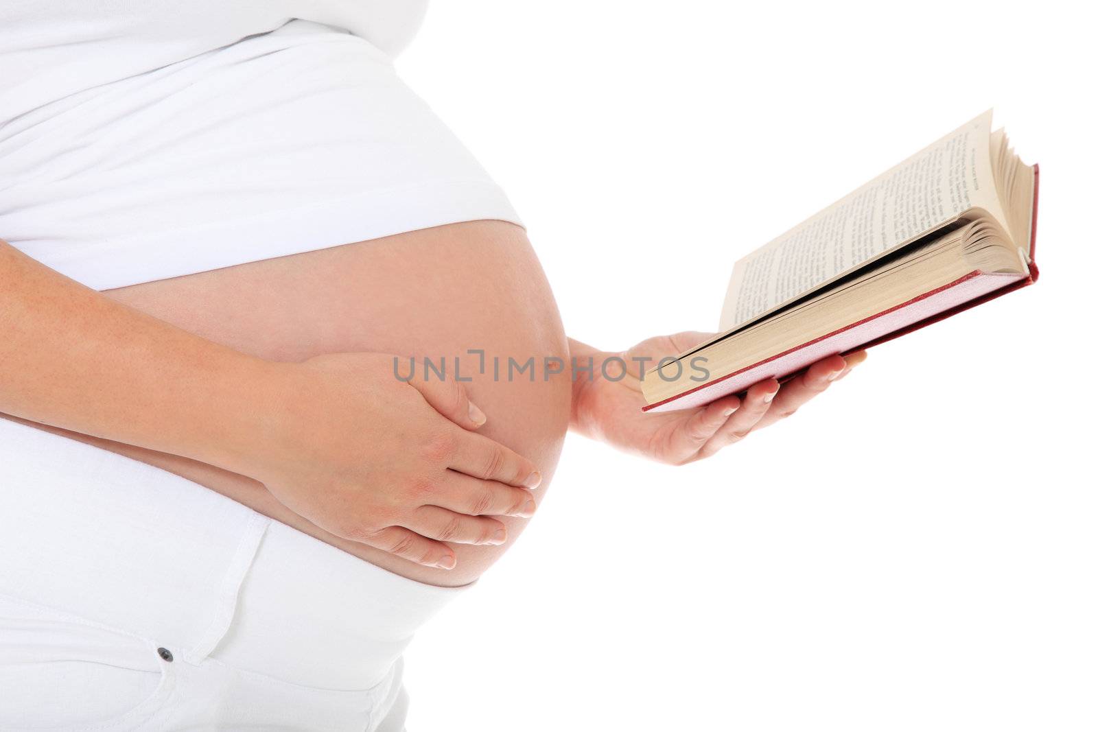 Pregnant woman reading a book. All on white background.