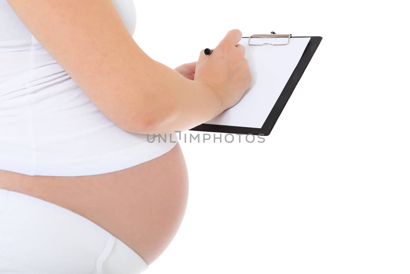 Pregnant woman writing on blank clipboard. All on white background.