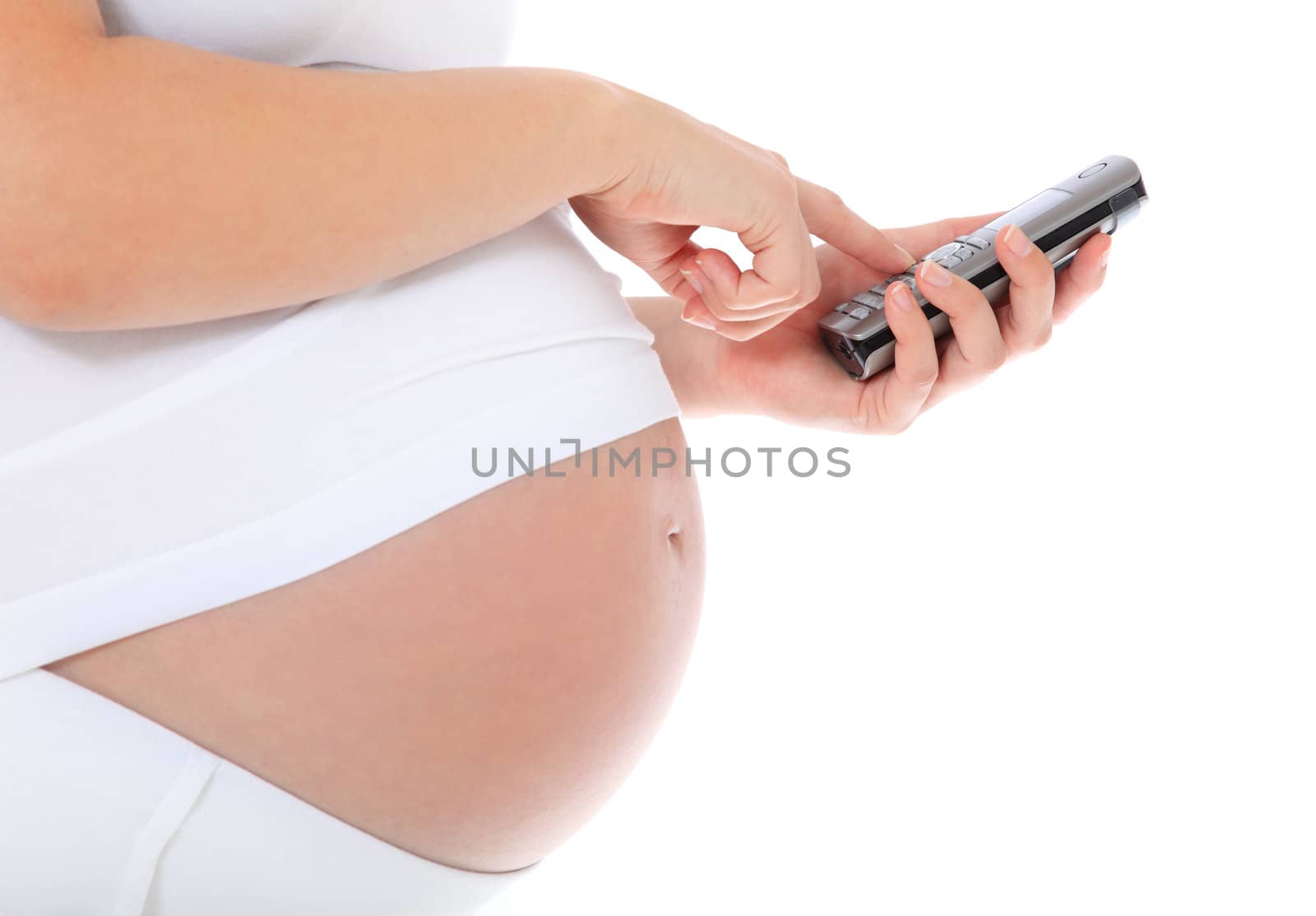 Pregnant woman using telephone. All on white background.