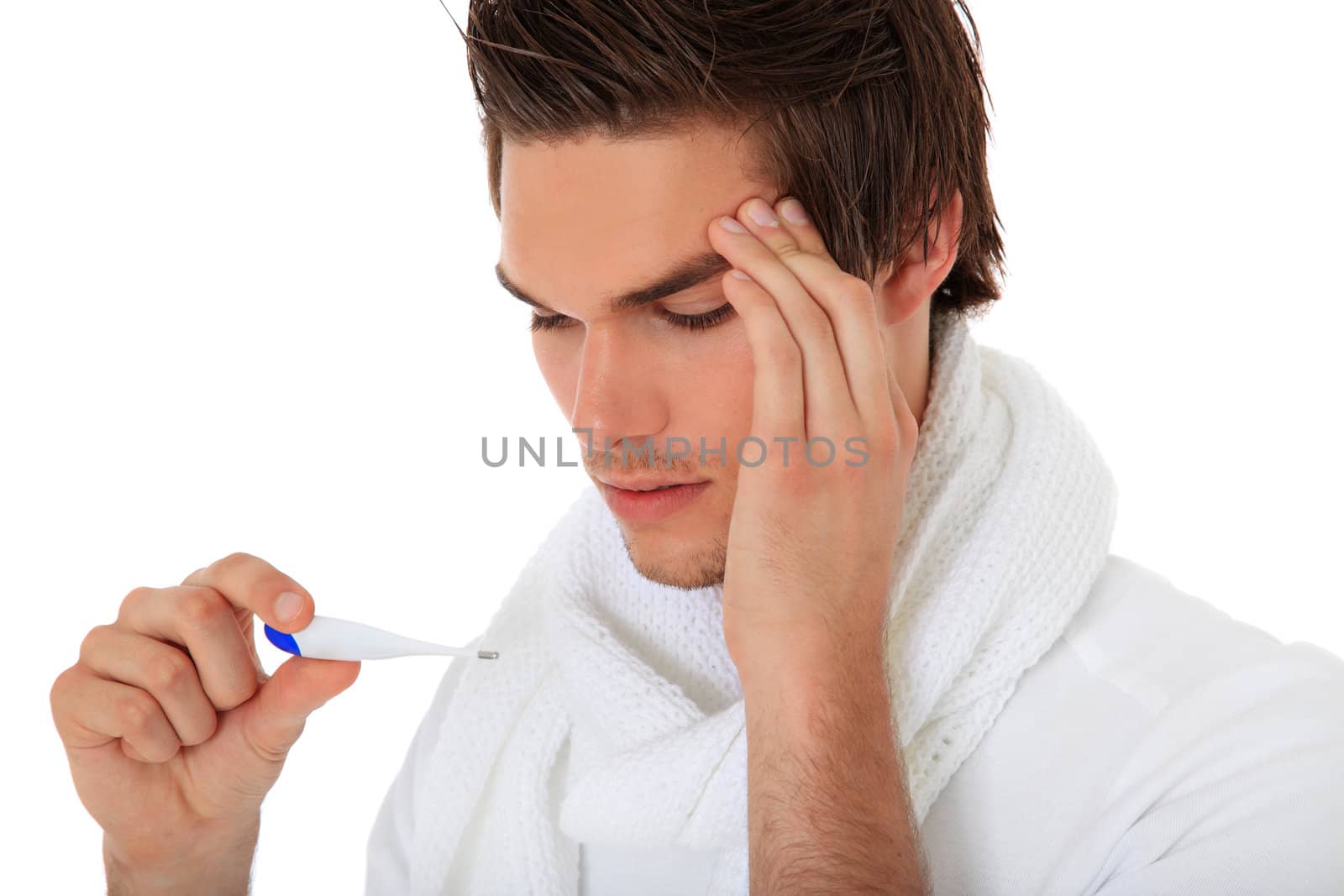 Attractive young man feels unwell. All on white background.