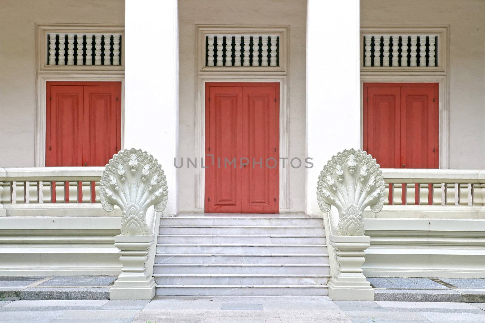 Traditional Thai Chinese style of Wooden door with Marble Step and Stone Carving in Naga Style