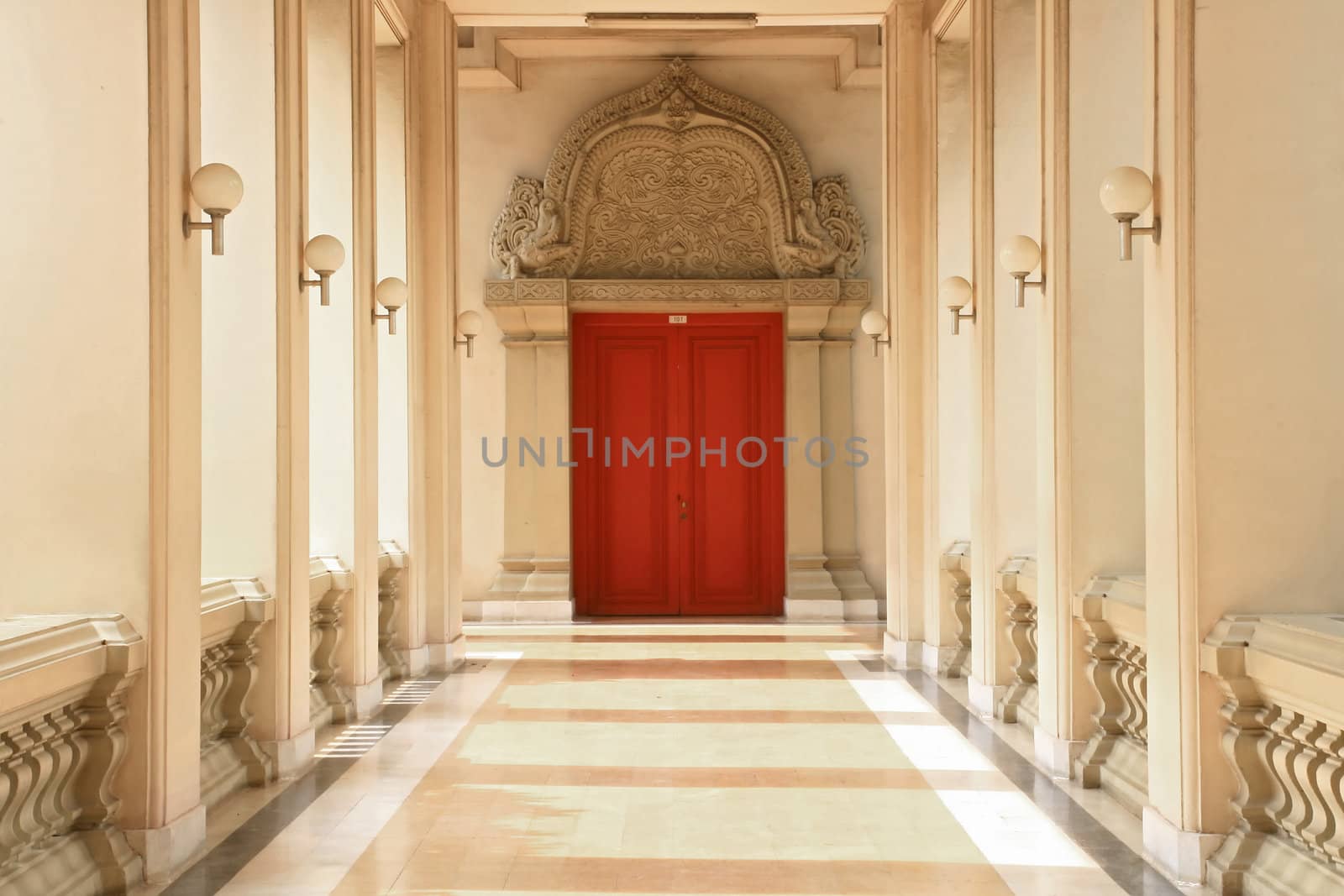 Pathway to Red Wooden Door