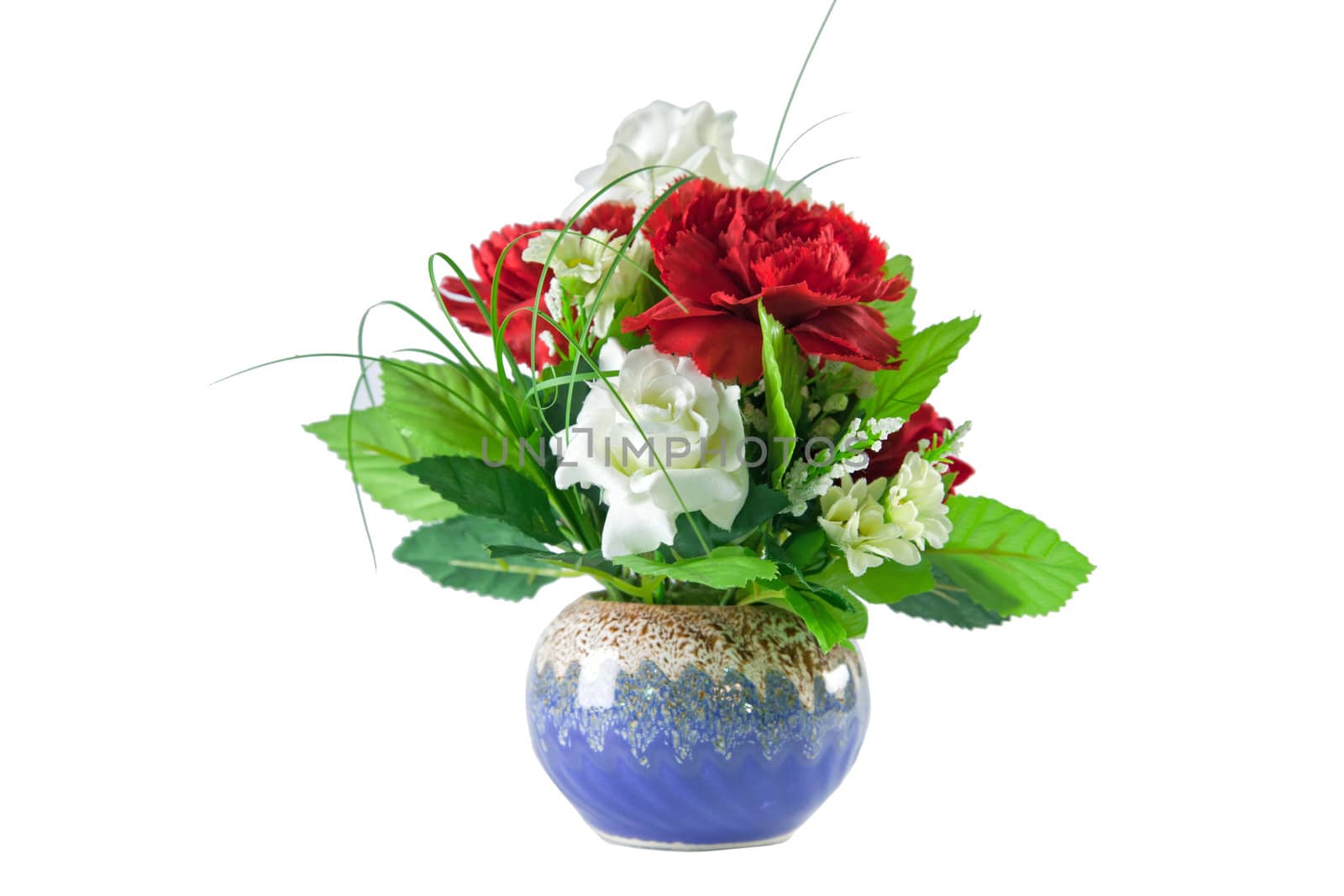 isolated beautiful red and white roses bouquet in blue vase