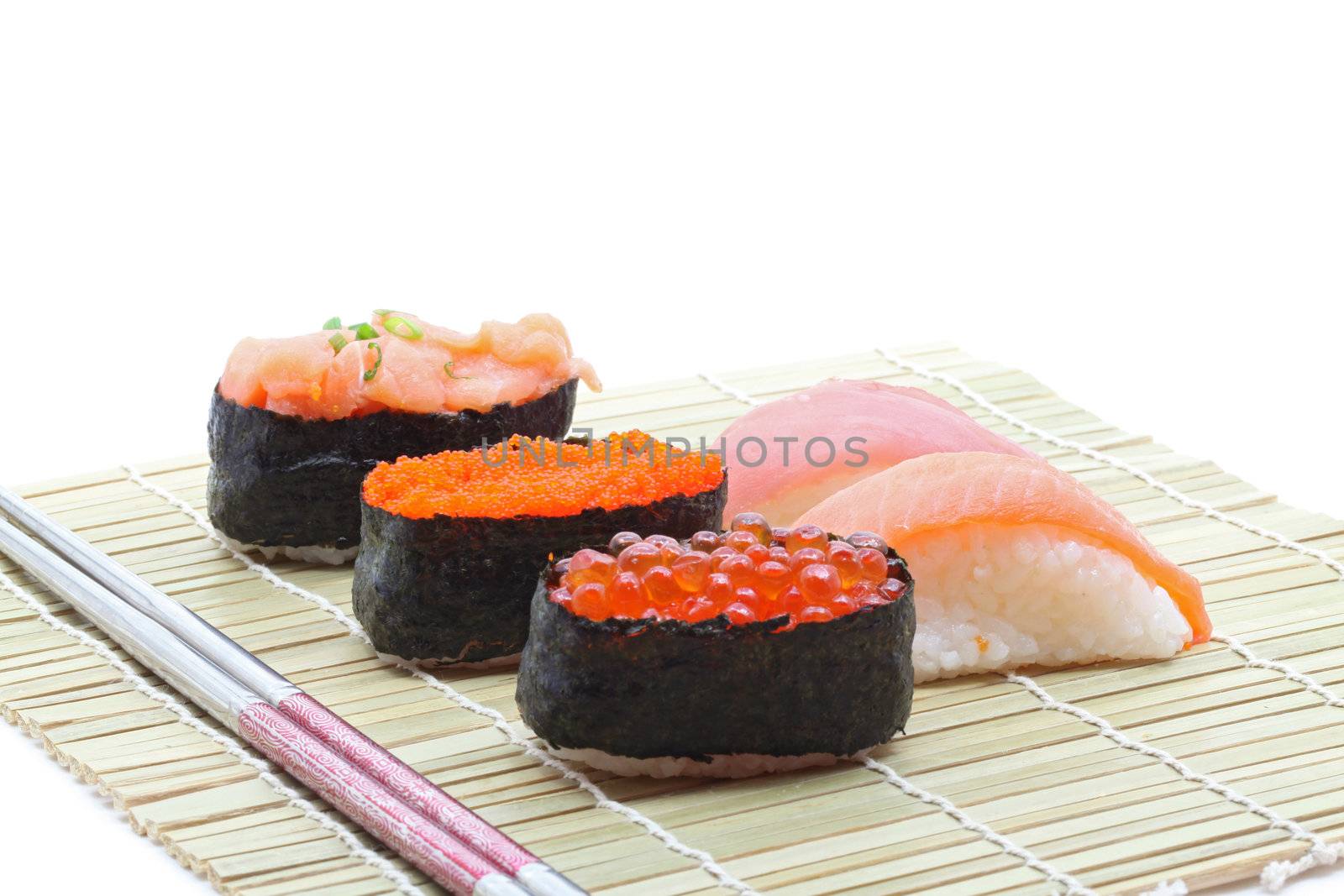 healthy japanese sushi set cuisine on bamboo dish