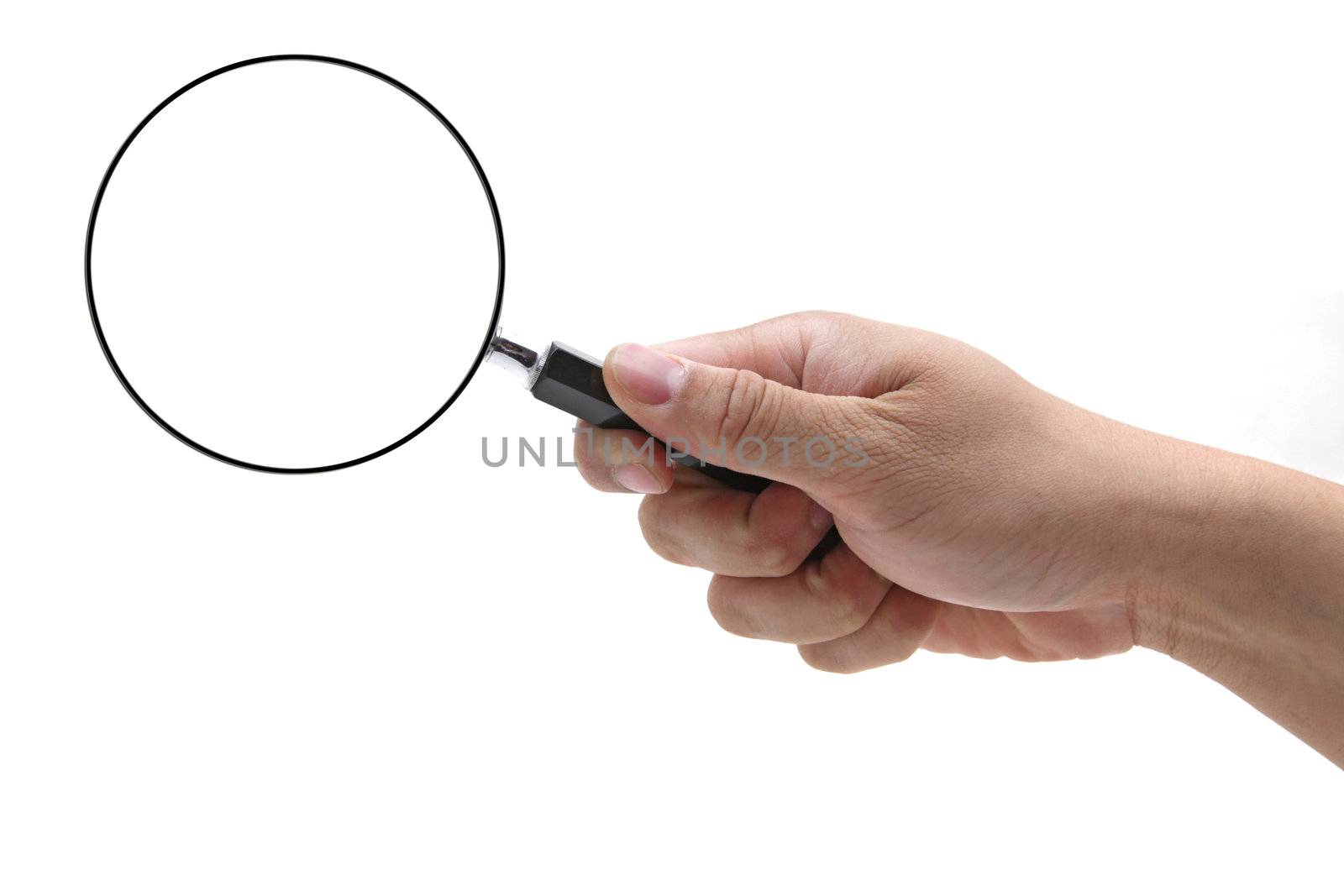 man hand holding hand lens or magnifying glass isolated on white