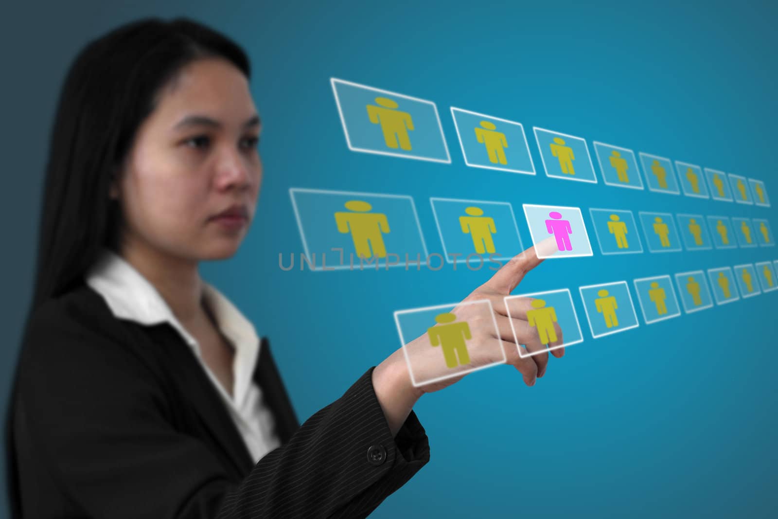 asian business woman select person from internet for electronic recruitment (Selective focus on hand)