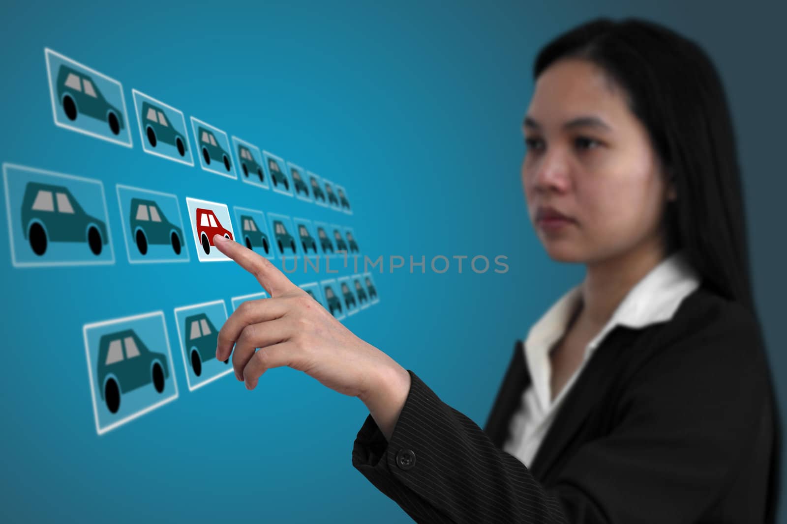 woman touch on screen interface to finding her new car from internet for e-commerce concept (selective focus on finger)