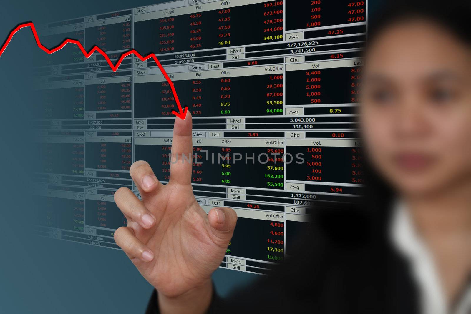 Business woman point to falling graph of stock market