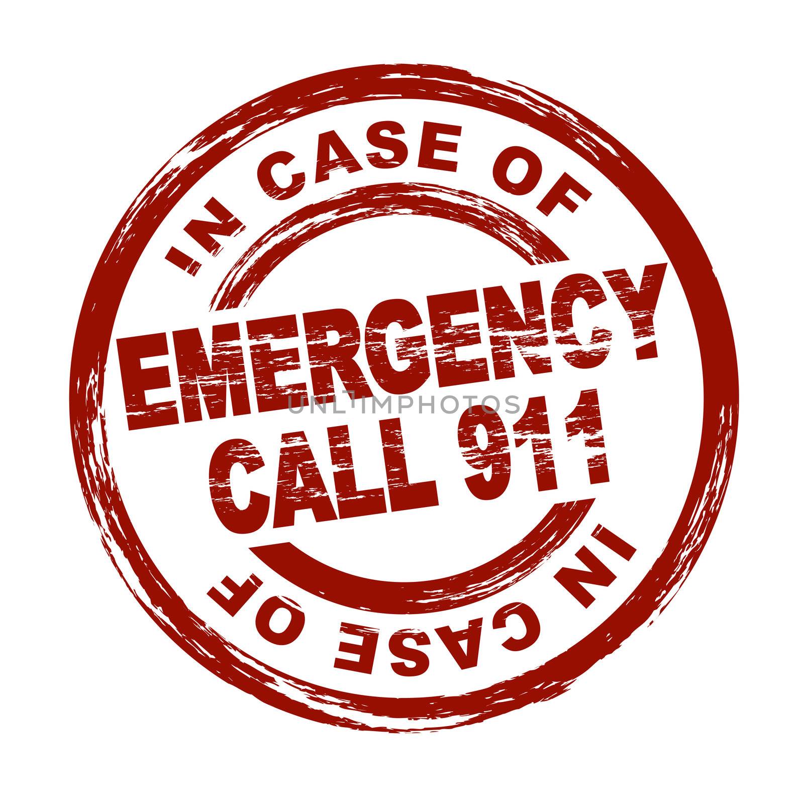 Stylized red stamp showing the term Emergency call 911. All on white background.