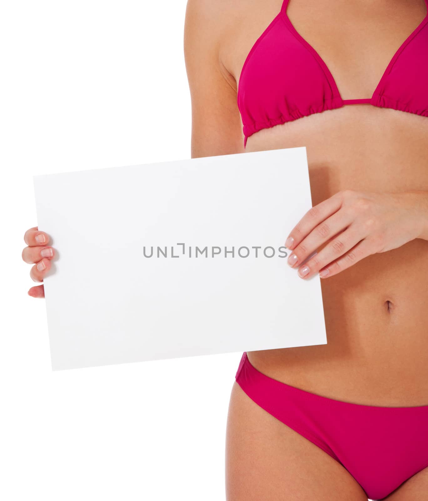 Attractive young woman in bikini holding blank white sign. All on white background.