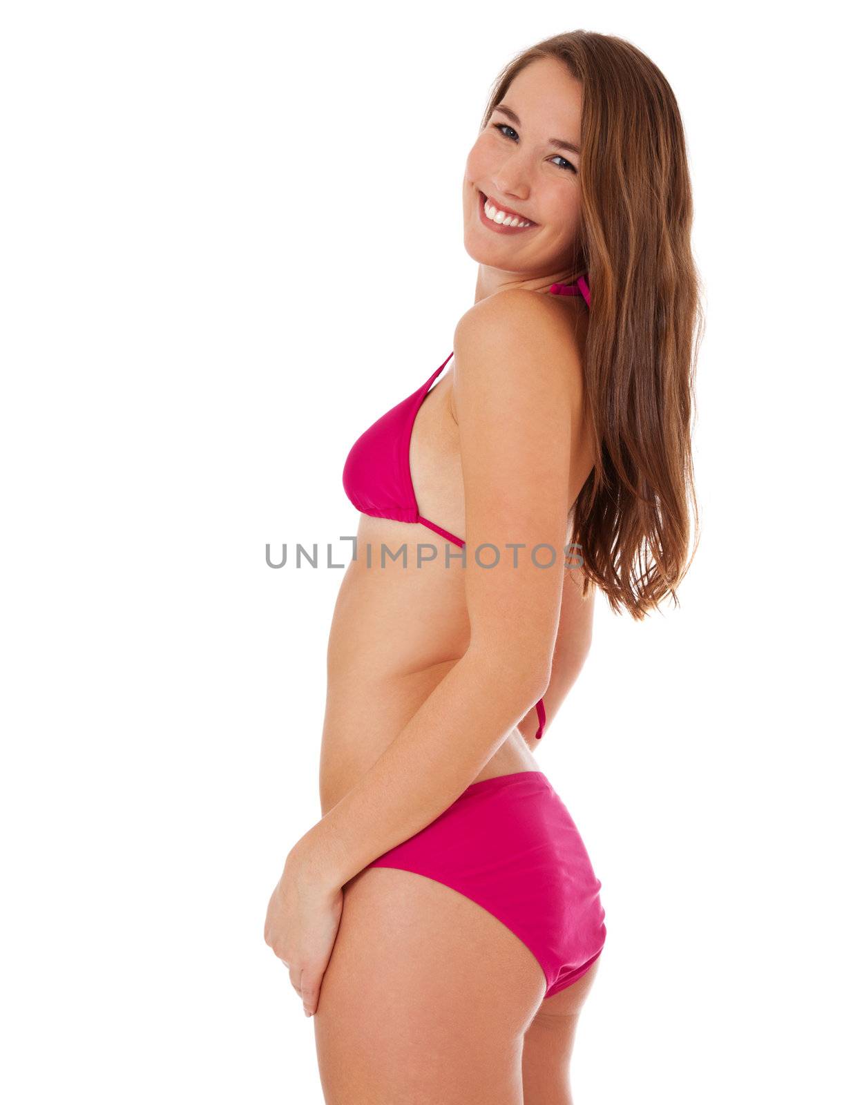 Attractive young woman in bikini. All on white background.