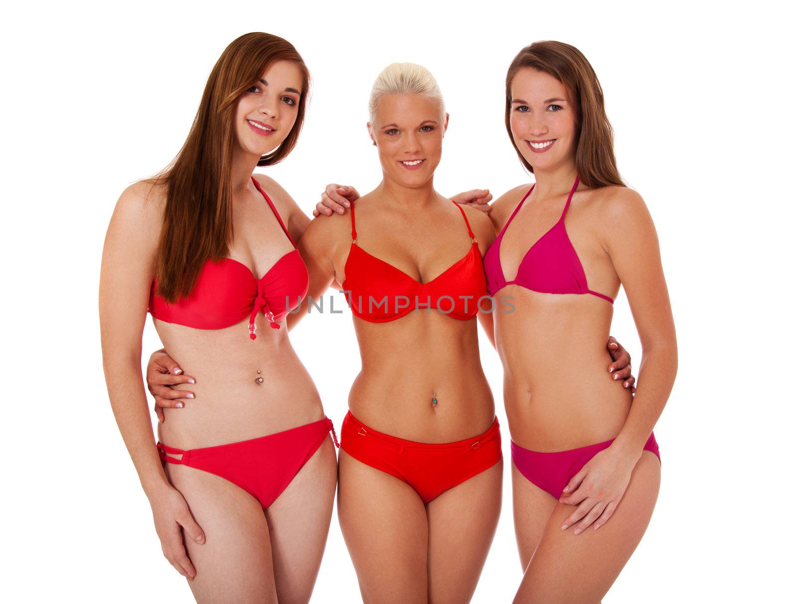 Three beautiful young woman in bikini standing next to each other. All on white background.