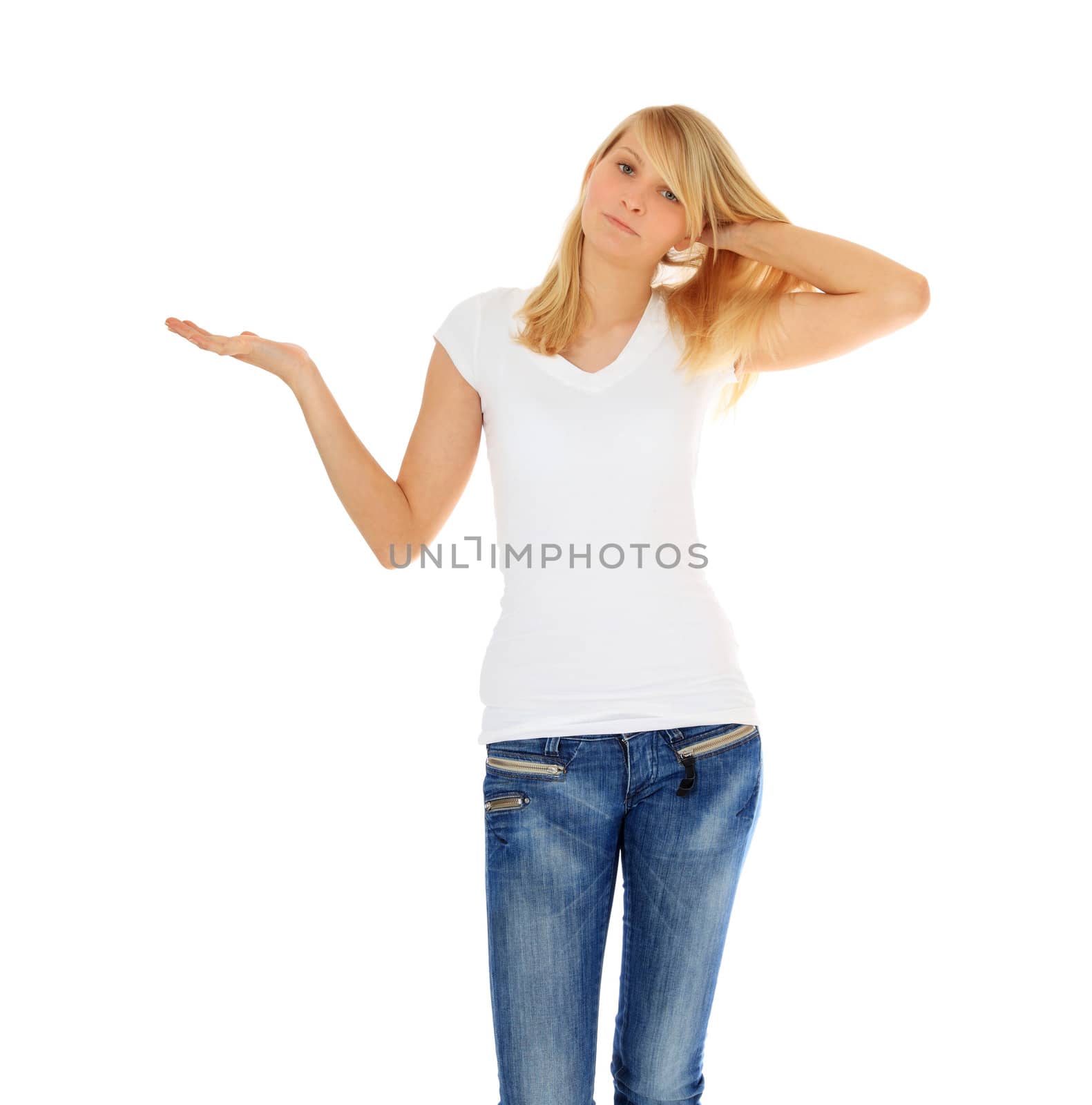 Baffled teenage girl. All on white background.