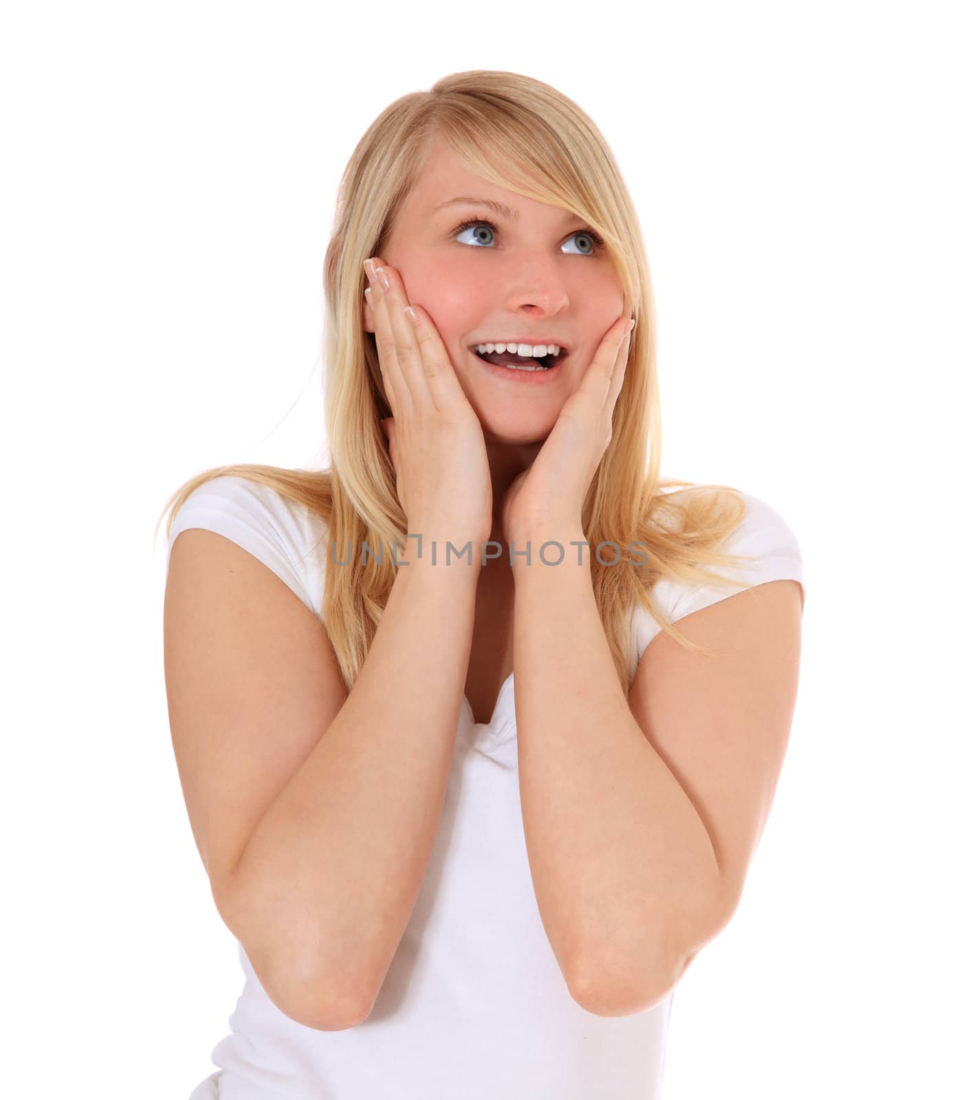 Surprised young woman. All on white background.