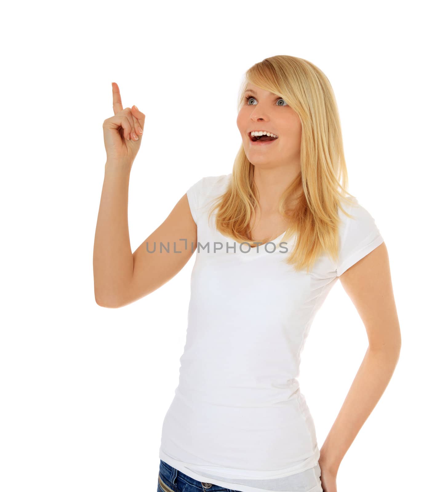 Attractive teenage girl got a great idea. All on white background.
